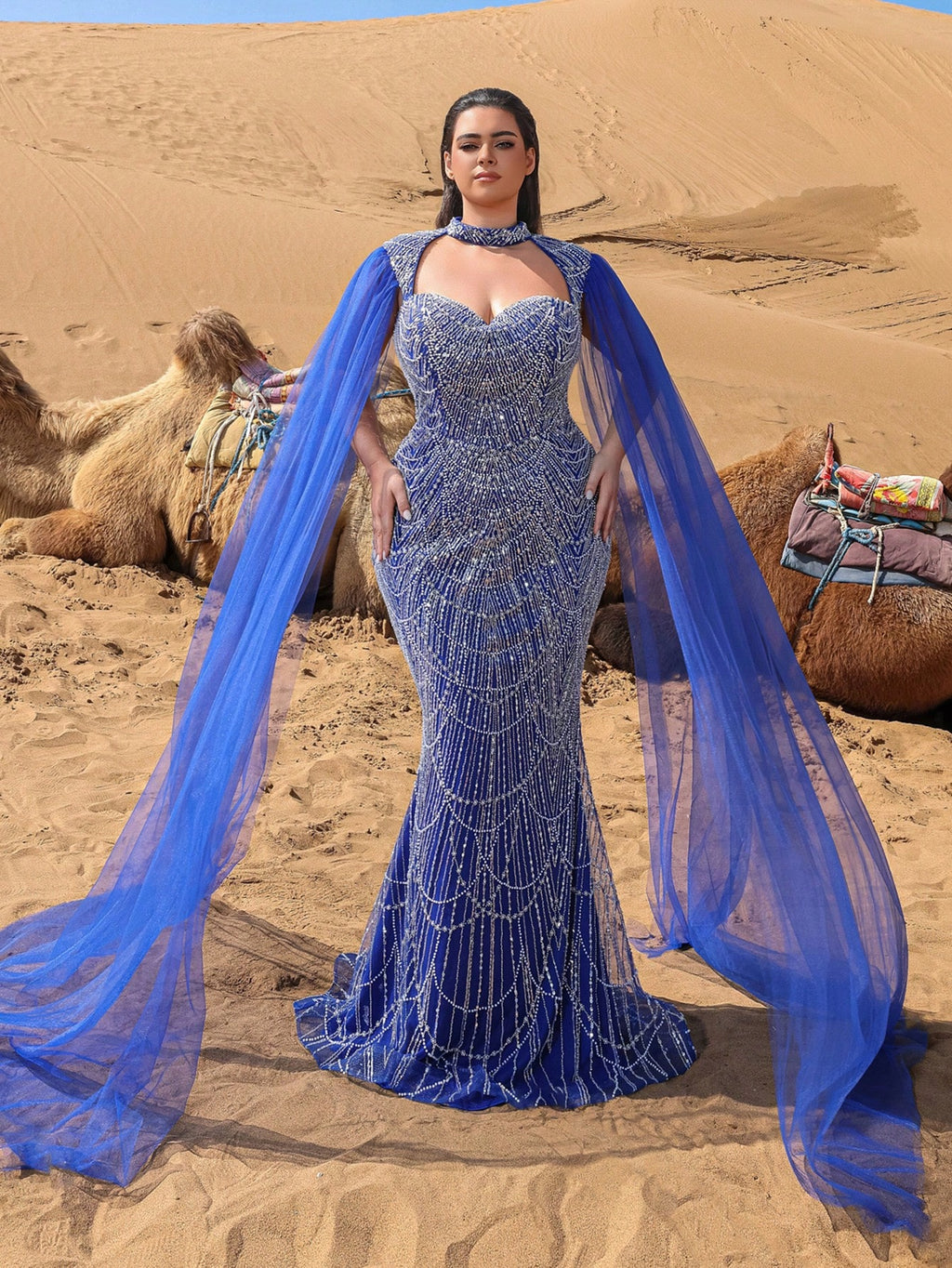 Plus Choker Neck Backless Extra-Long Sleeves Beaded Formal Dresses & Evening Gowns Dress & Embellished Dress