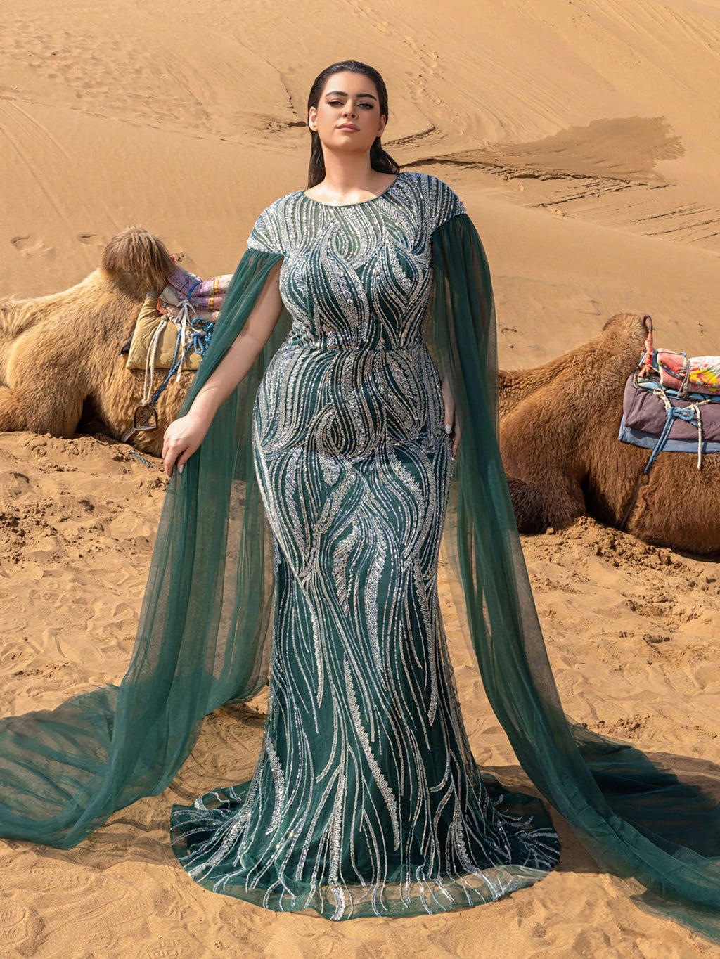 Plus Extra-Long Sleeves Mermaid Hem Graphic Sequin Beaded Formal Dresses & Evening Gowns