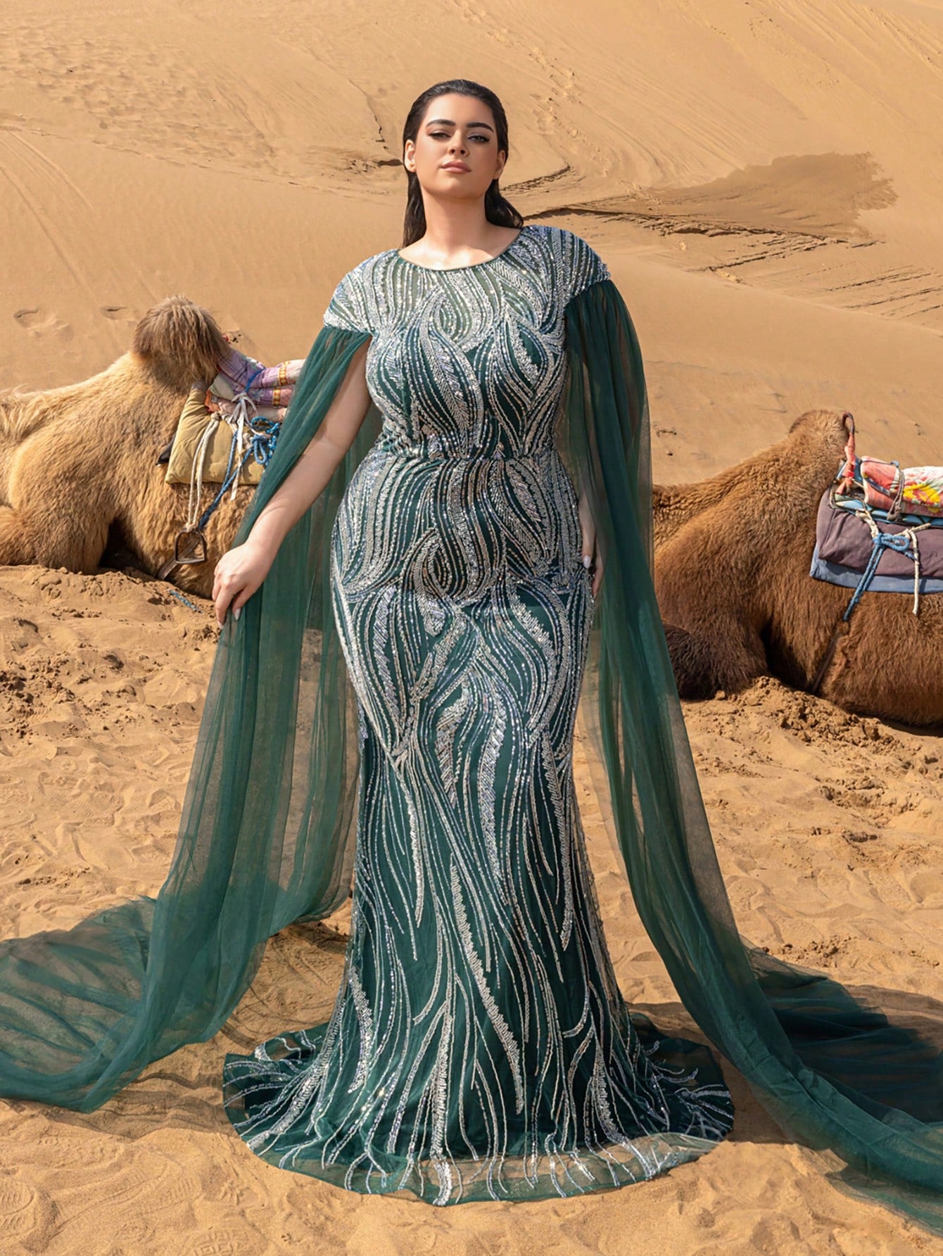 Plus Extra-Long Sleeves Mermaid Hem Graphic Sequin Beaded Formal Dresses & Evening Gowns