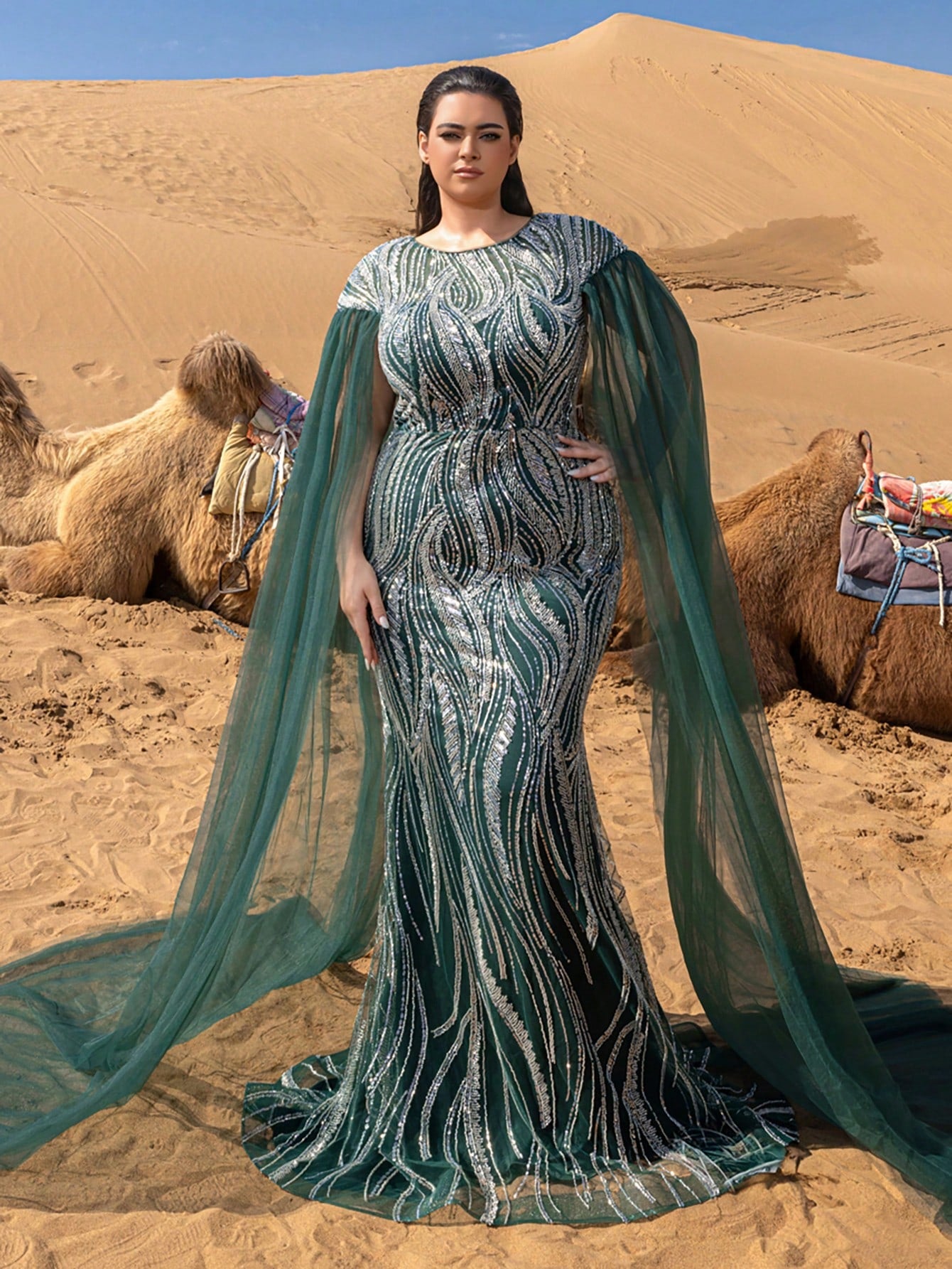 Plus Extra-Long Sleeves Mermaid Hem Graphic Sequin Beaded Formal Dresses & Evening Gowns