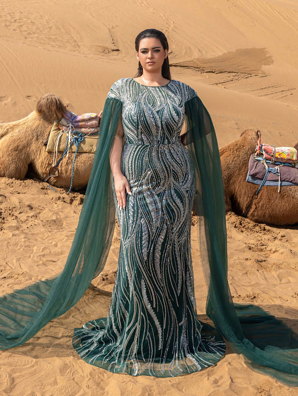 Plus Extra-Long Sleeves Mermaid Hem Graphic Sequin Beaded Formal Dresses & Evening Gowns