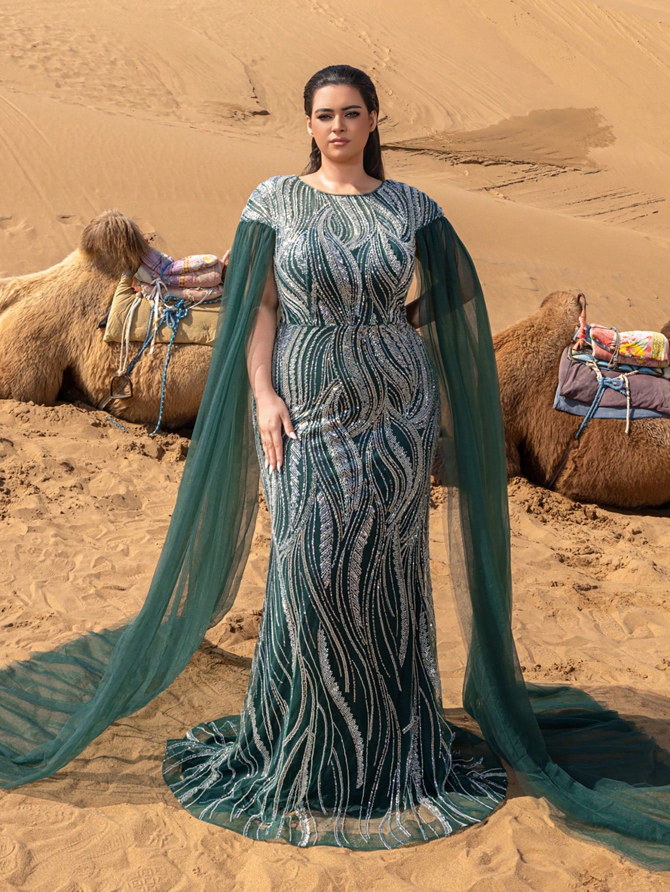 Plus Extra-Long Sleeves Mermaid Hem Graphic Sequin Beaded Formal Dresses & Evening Gowns