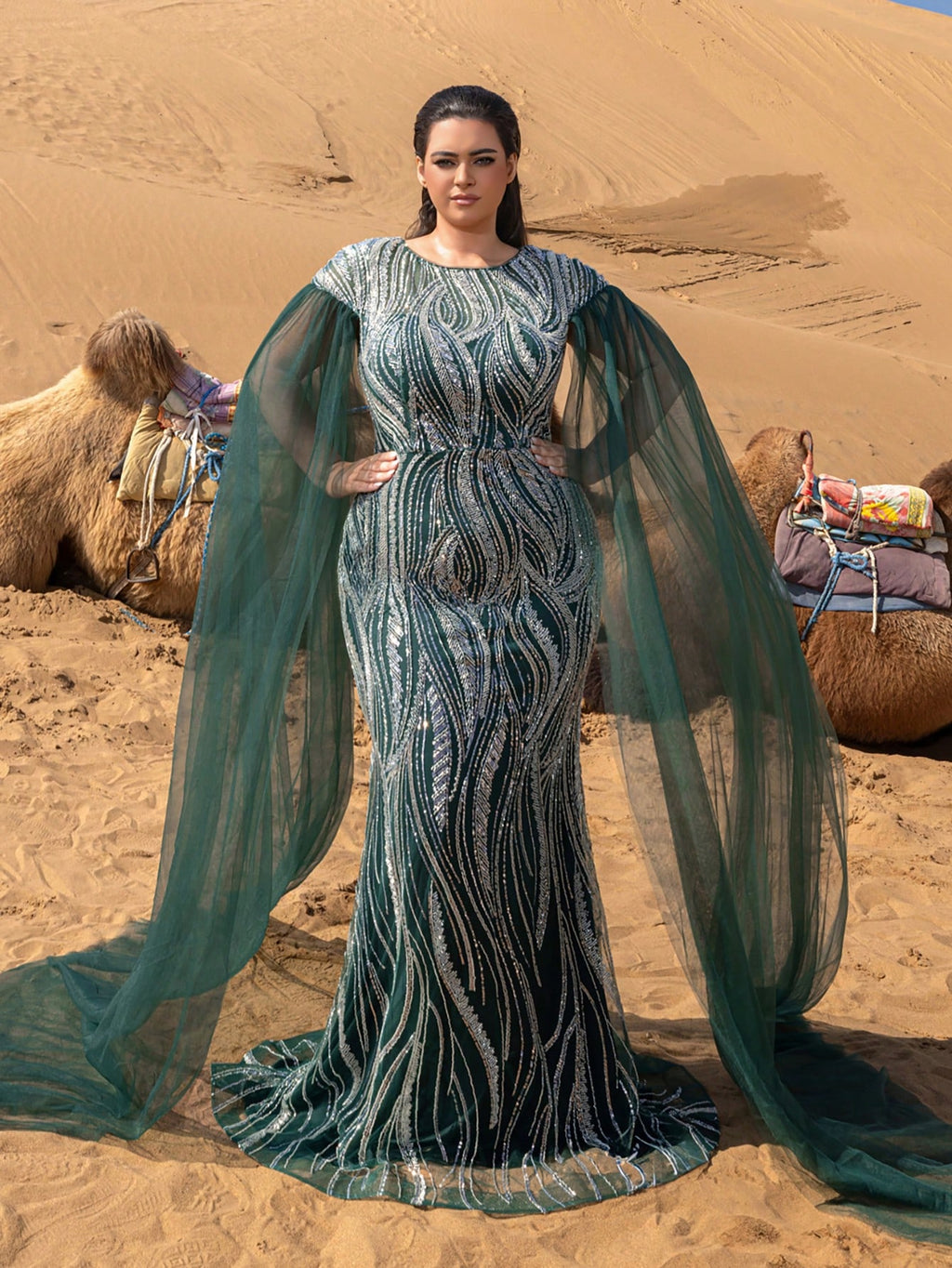 Plus Extra-Long Sleeves Mermaid Hem Graphic Sequin Beaded Formal Dresses & Evening Gowns