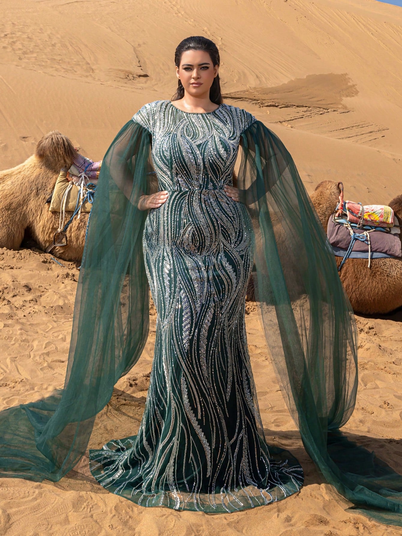 Plus Extra-Long Sleeves Mermaid Hem Graphic Sequin Beaded Formal Dresses & Evening Gowns