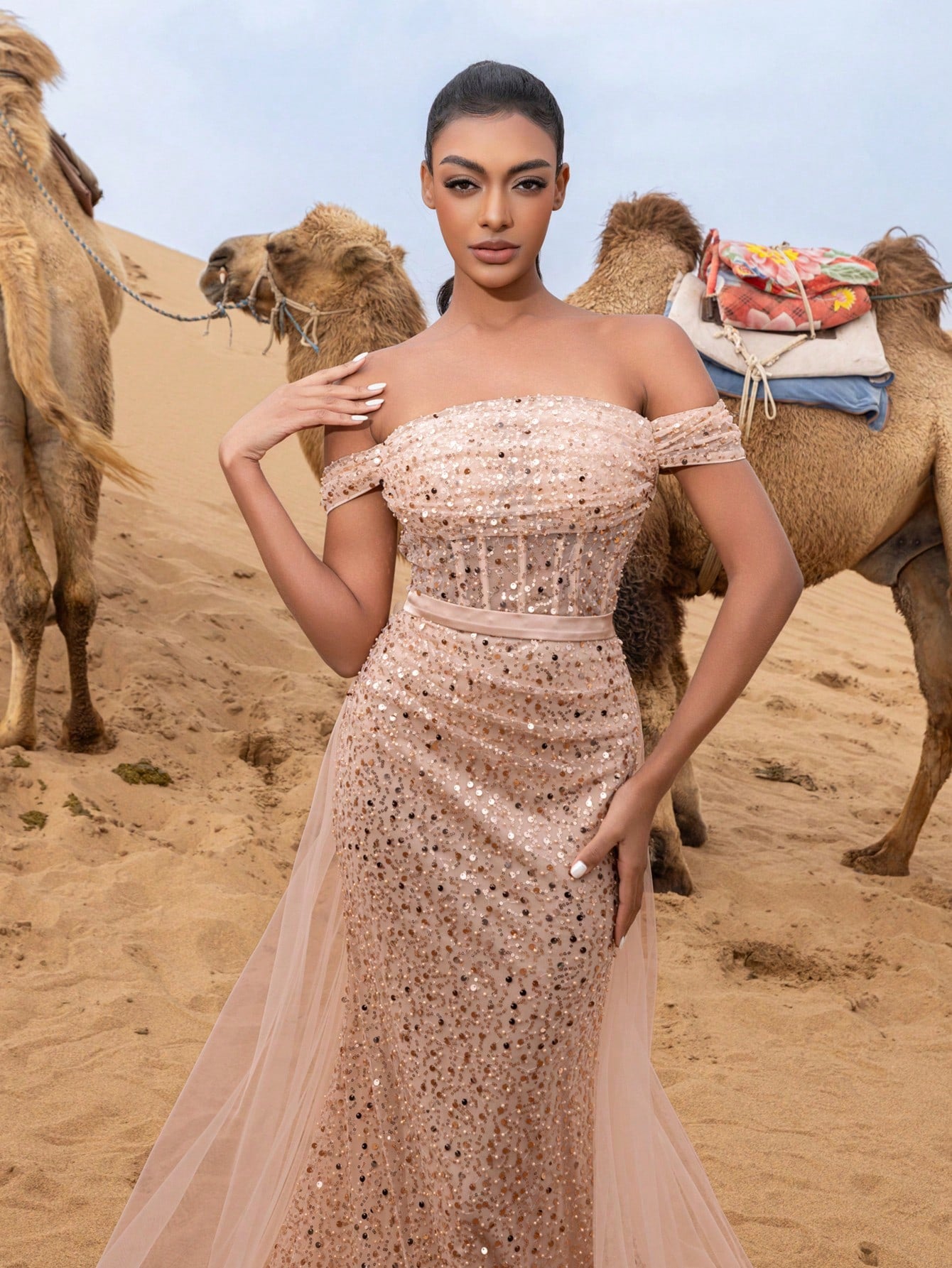 Elegant Off Shoulder Mermaid Hem Mesh Train Sequin Formal Dress