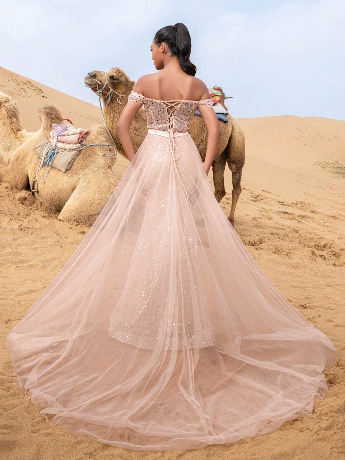 Elegant Off Shoulder Mermaid Hem Mesh Train Sequin Formal Dress
