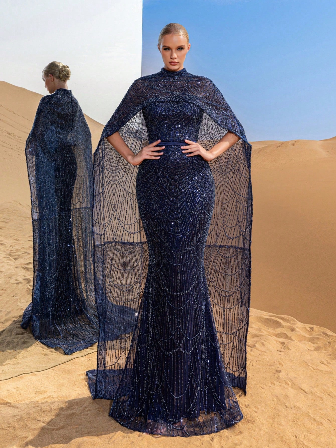 Luxurious Shimmering Beaded Sequin Maxi Cape Dress with Fish Tail Hem - Perfect for Weddings, Red Carpet Events, Desert Weddings, and Celebrity-Style Parties
