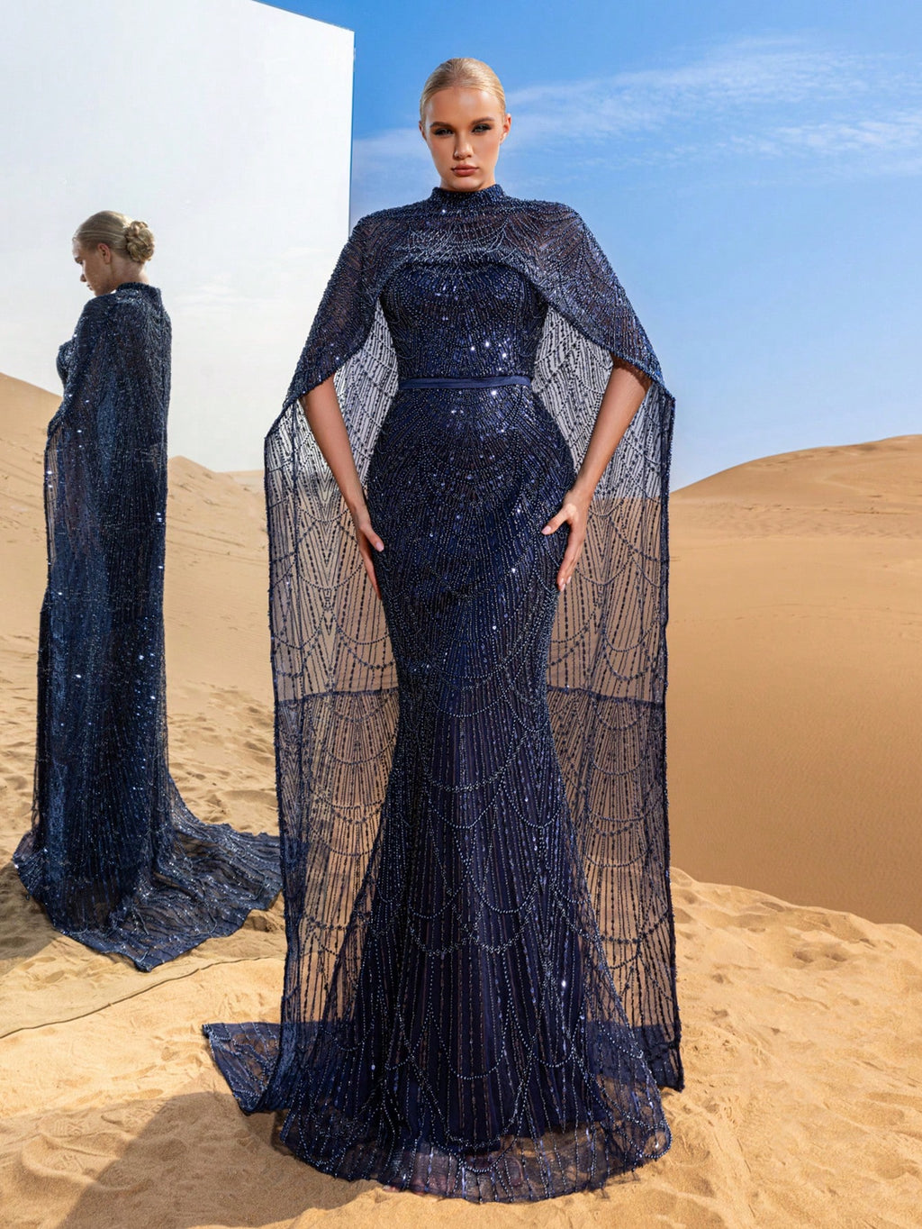 Luxurious Shimmering Beaded Sequin Maxi Cape Dress with Fish Tail Hem - Perfect for Weddings, Red Carpet Events, Desert Weddings, and Celebrity-Style Parties