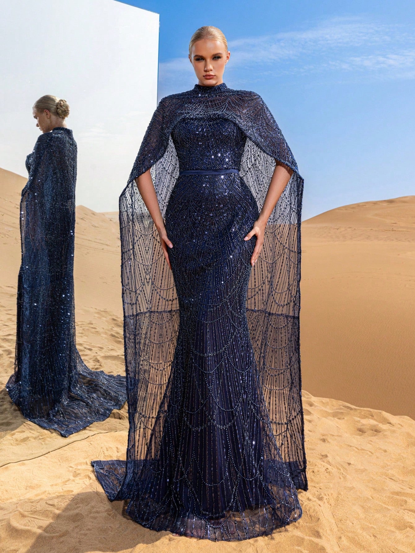 Luxurious Shimmering Beaded Sequin Maxi Cape Dress with Fish Tail Hem - Perfect for Weddings, Red Carpet Events, Desert Weddings, and Celebrity-Style Parties