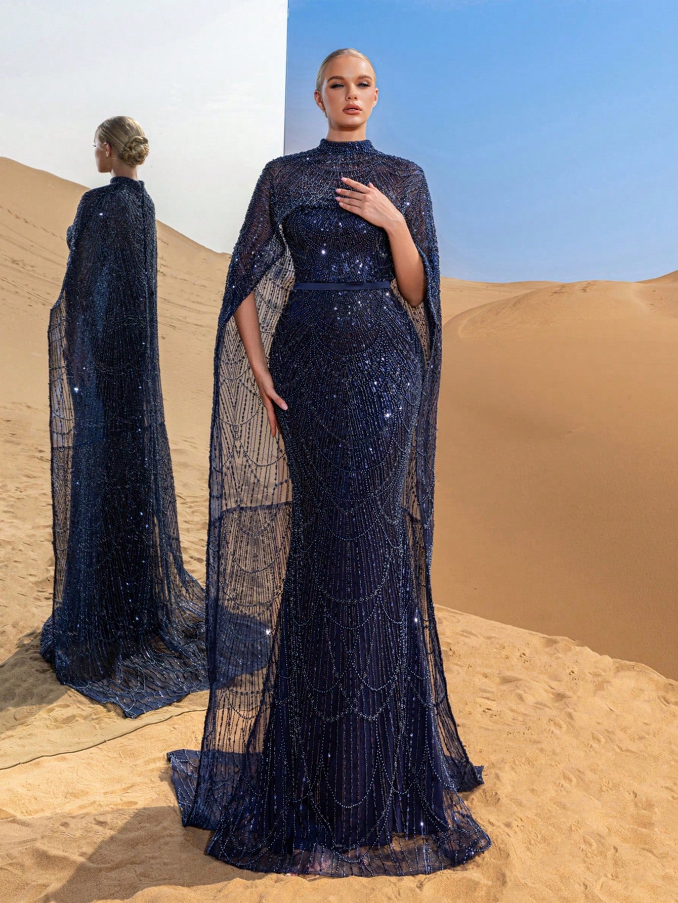 Luxurious Shimmering Beaded Sequin Maxi Cape Dress with Fish Tail Hem - Perfect for Weddings, Red Carpet Events, Desert Weddings, and Celebrity-Style Parties