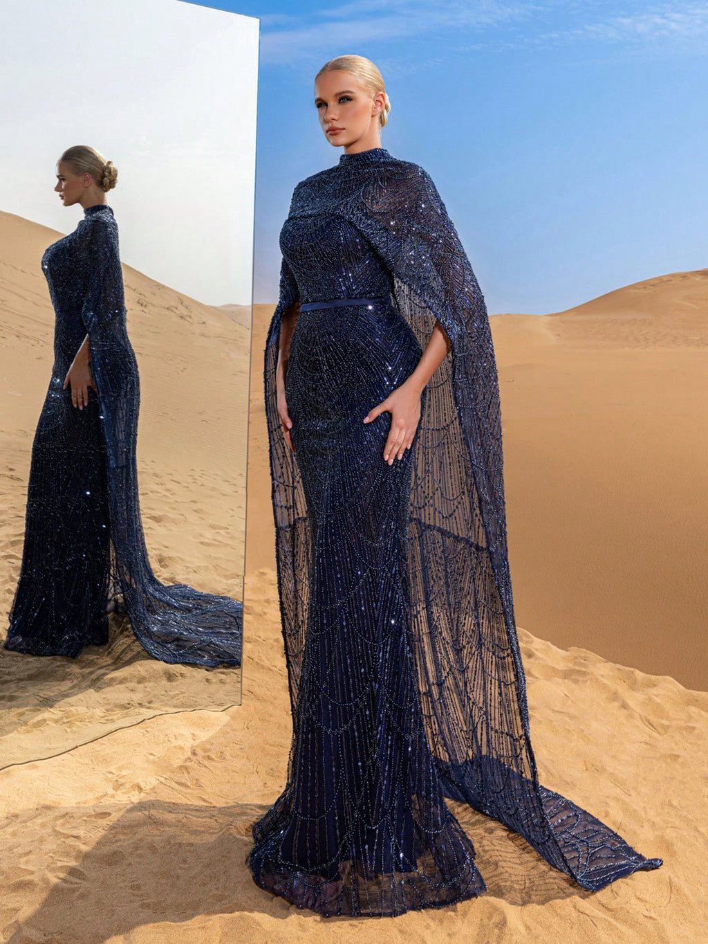 Luxurious Shimmering Beaded Sequin Maxi Cape Dress with Fish Tail Hem - Perfect for Weddings, Red Carpet Events, Desert Weddings, and Celebrity-Style Parties
