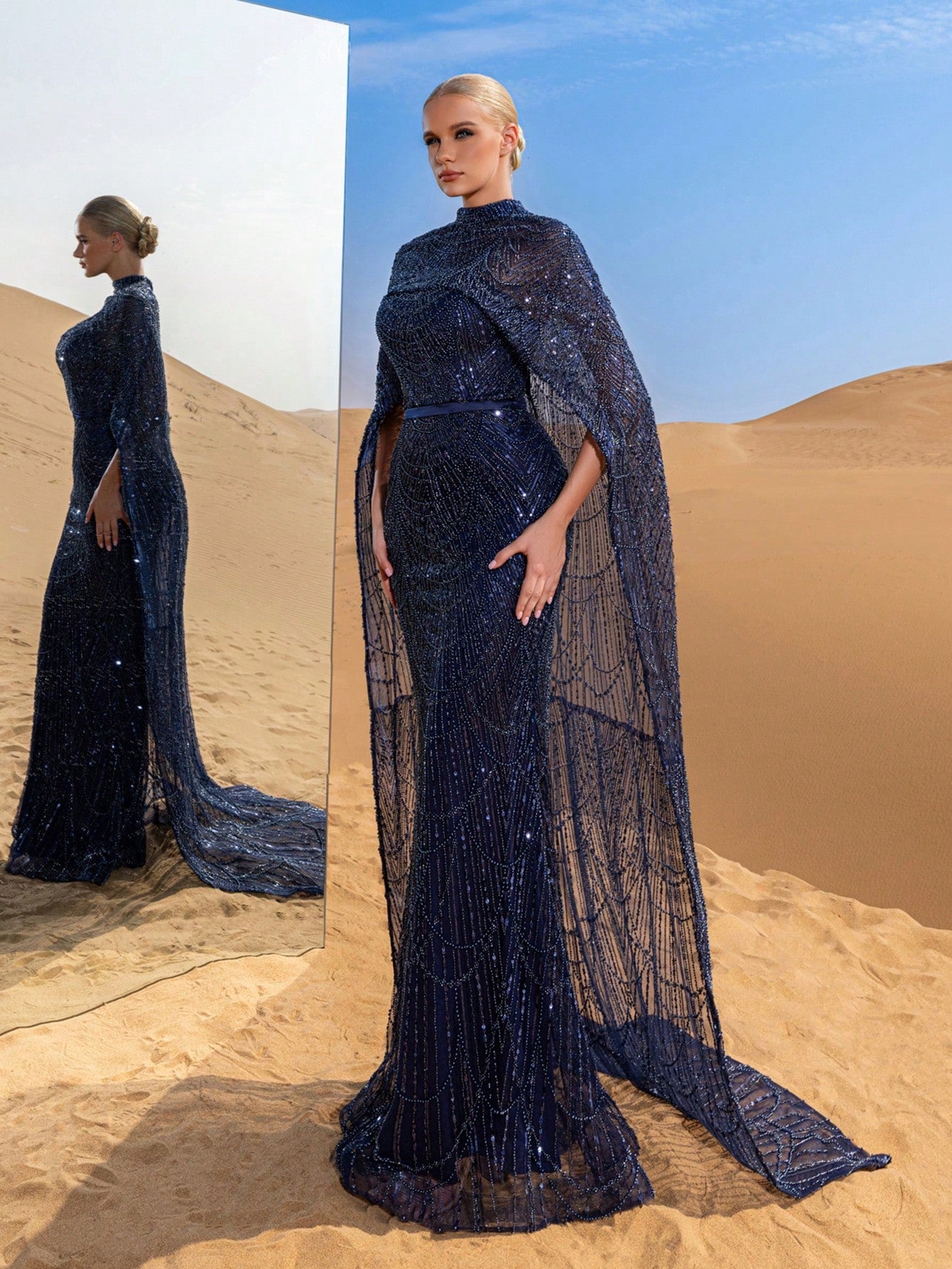 Luxurious Shimmering Beaded Sequin Maxi Cape Dress with Fish Tail Hem - Perfect for Weddings, Red Carpet Events, Desert Weddings, and Celebrity-Style Parties