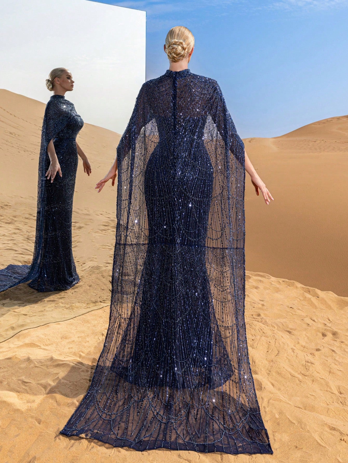 Luxurious Shimmering Beaded Sequin Maxi Cape Dress with Fish Tail Hem - Perfect for Weddings, Red Carpet Events, Desert Weddings, and Celebrity-Style Parties