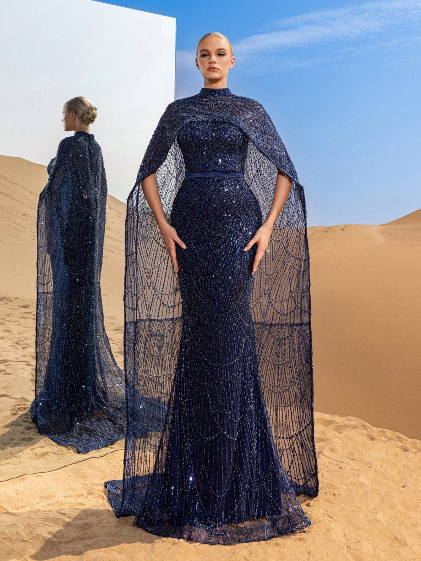 Luxurious Shimmering Beaded Sequin Maxi Cape Dress with Fish Tail Hem - Perfect for Weddings, Red Carpet Events, Desert Weddings, and Celebrity-Style Parties