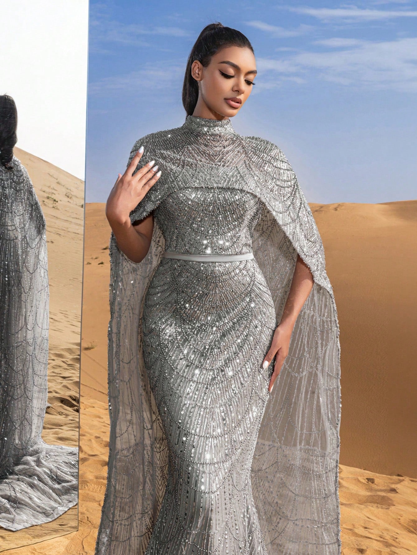 Luxurious Shimmering Beaded Sequin Maxi Cape Dress with Fish Tail Hem - Perfect for Weddings, Red Carpet Events, Desert Weddings, and Celebrity-Style Parties