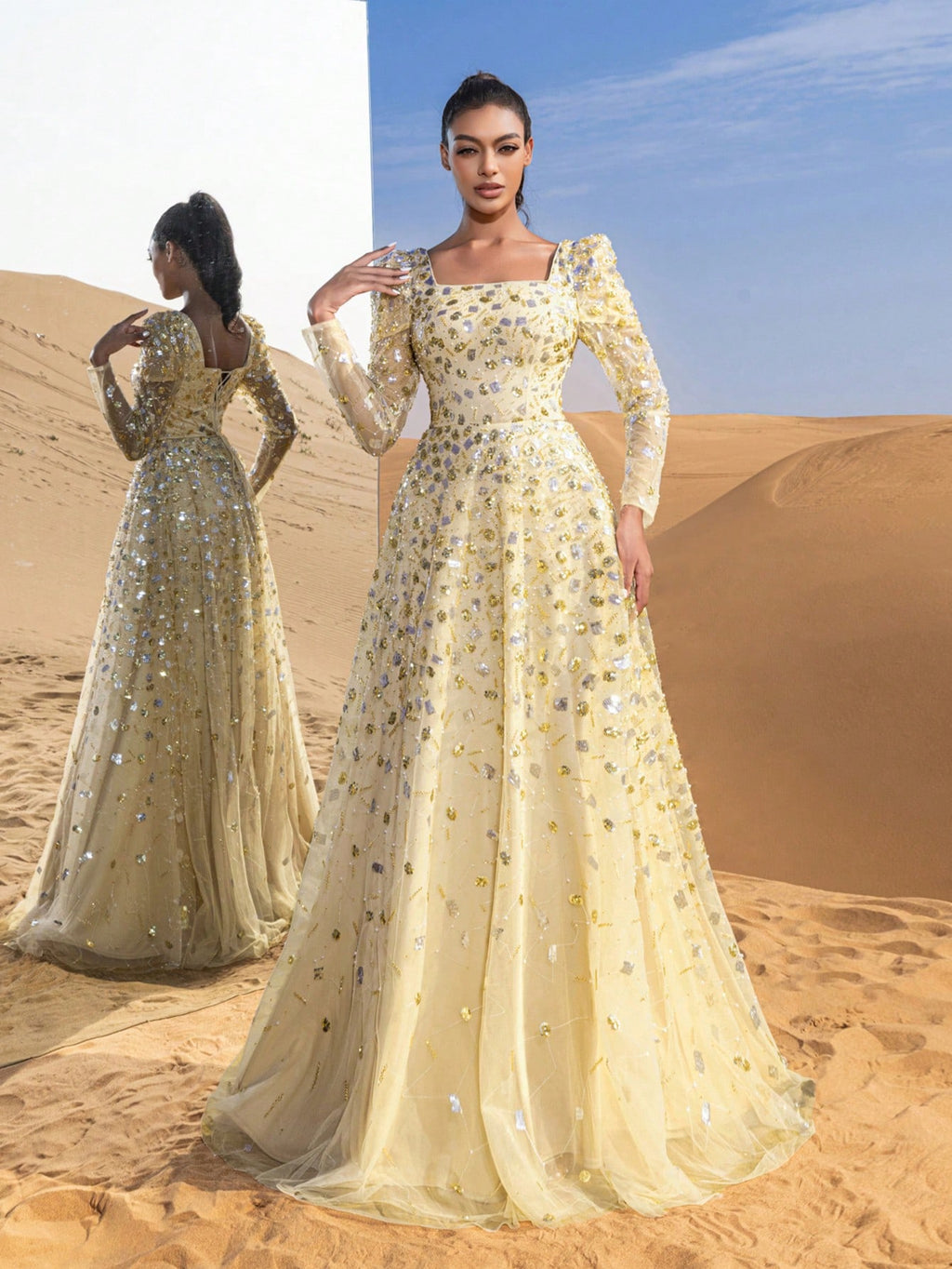 Gorgeous Beaded Sequin Evening Gown with Long Sleeves & Fitted Bodice