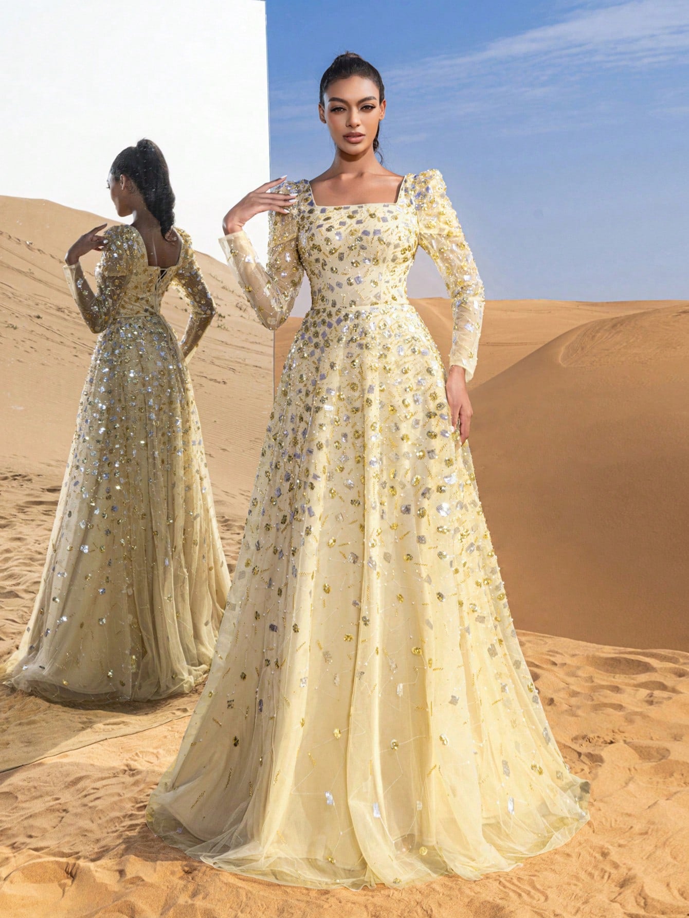 Gorgeous Beaded Sequin Evening Gown with Long Sleeves & Fitted Bodice