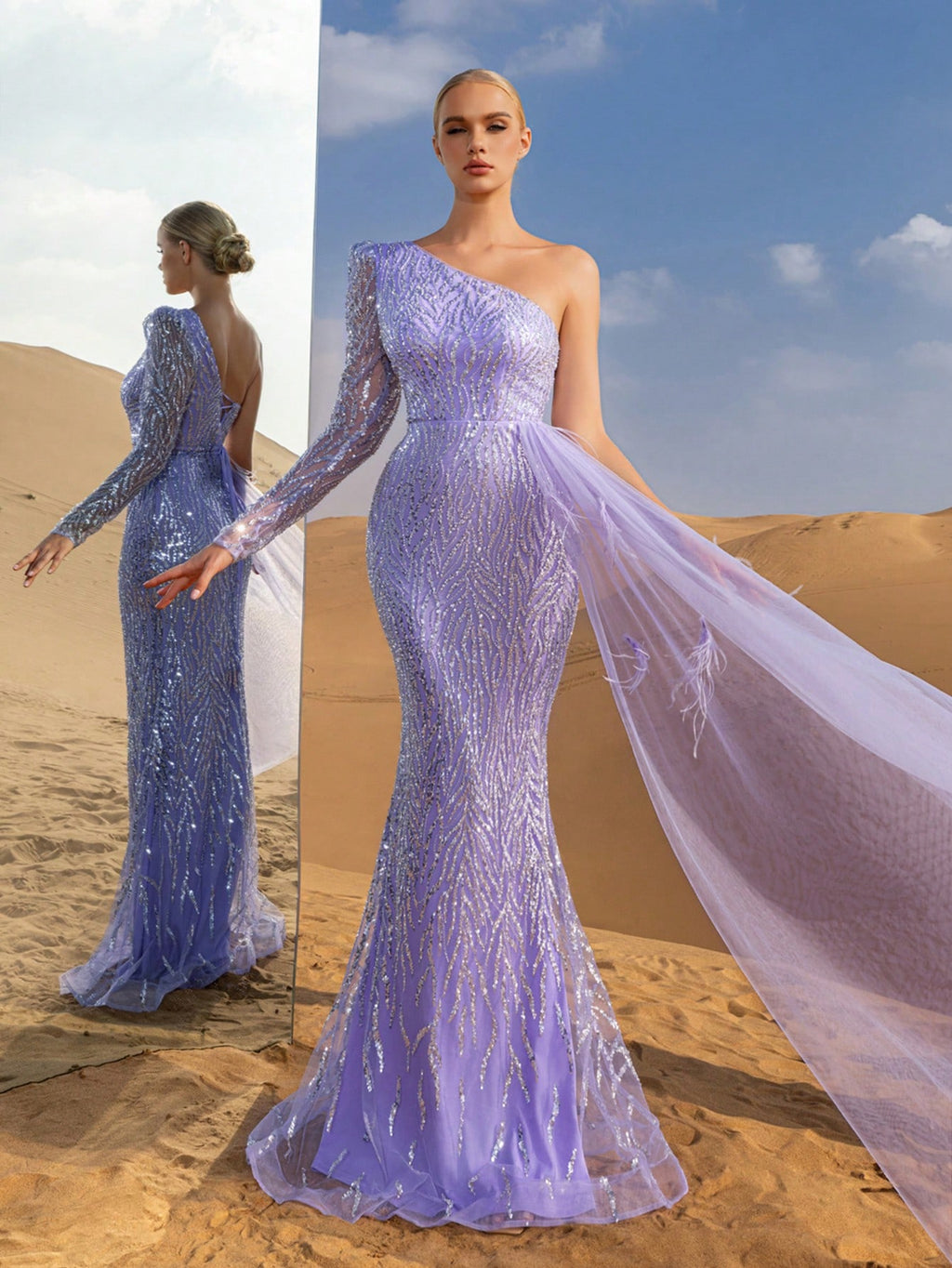 Luxury One Shoulder Draped Side Beaded Sequin Evening Dress