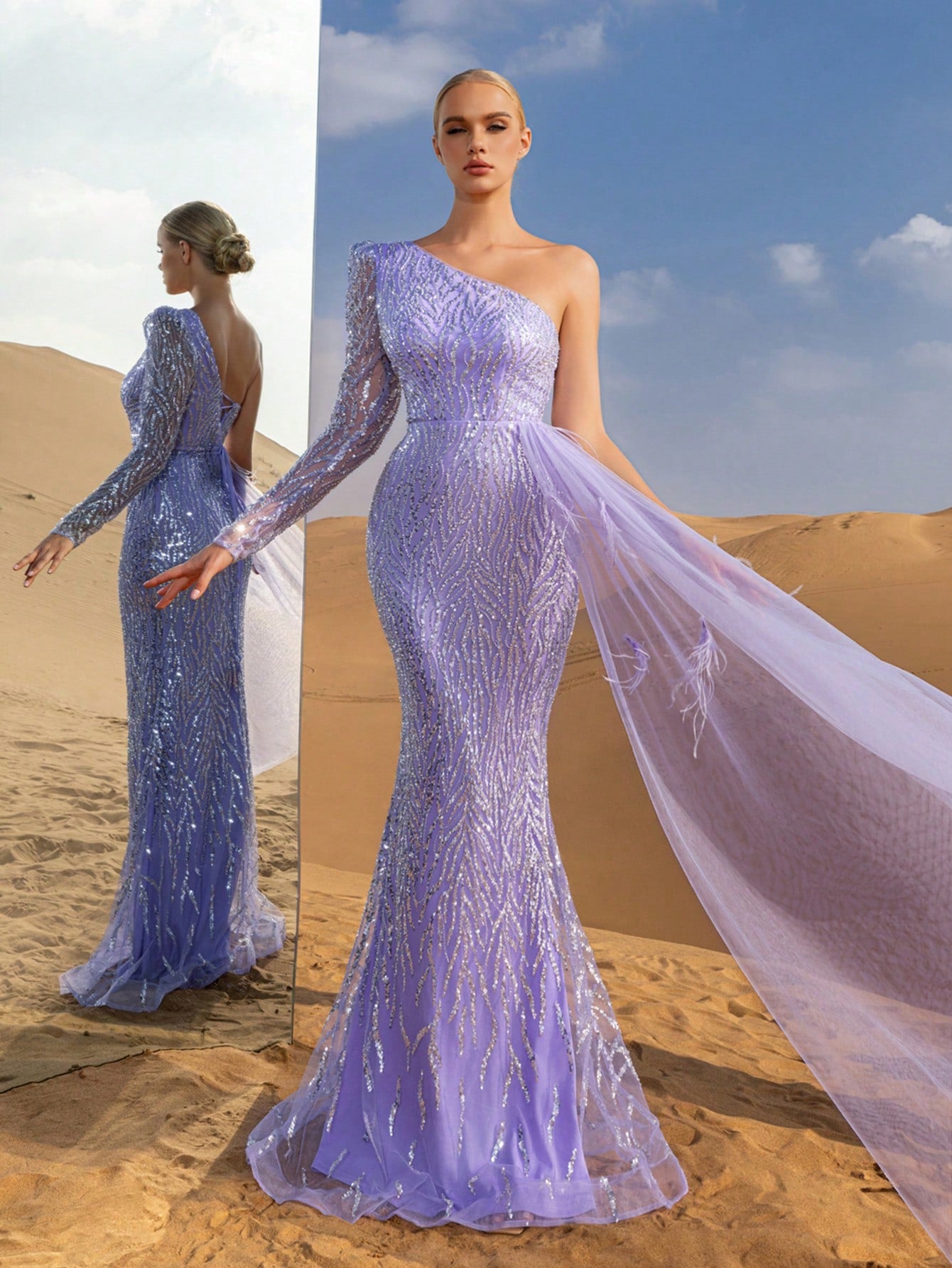 Luxury One Shoulder Draped Side Beaded Sequin Evening Dress