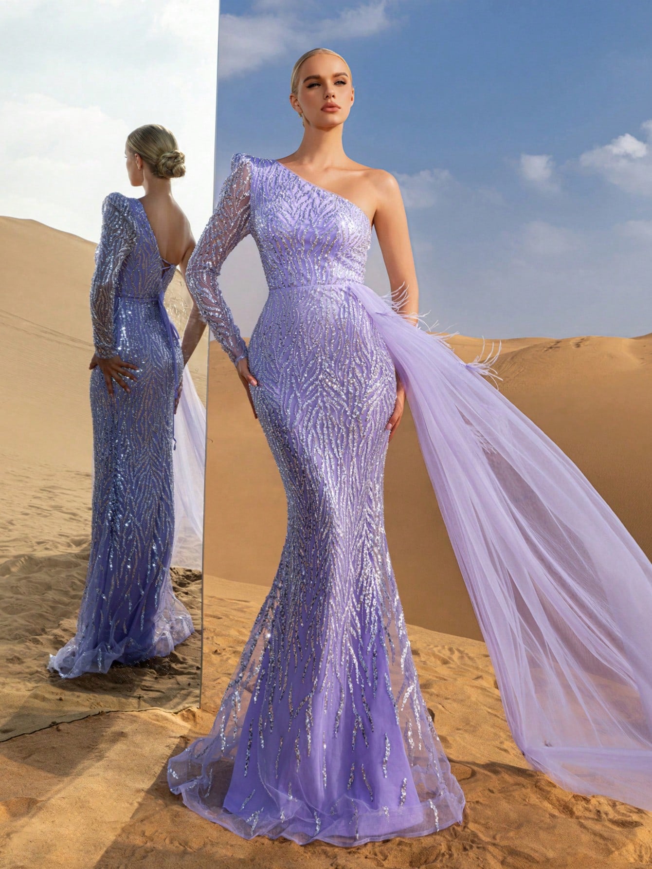 Luxury One Shoulder Draped Side Beaded Sequin Evening Dress