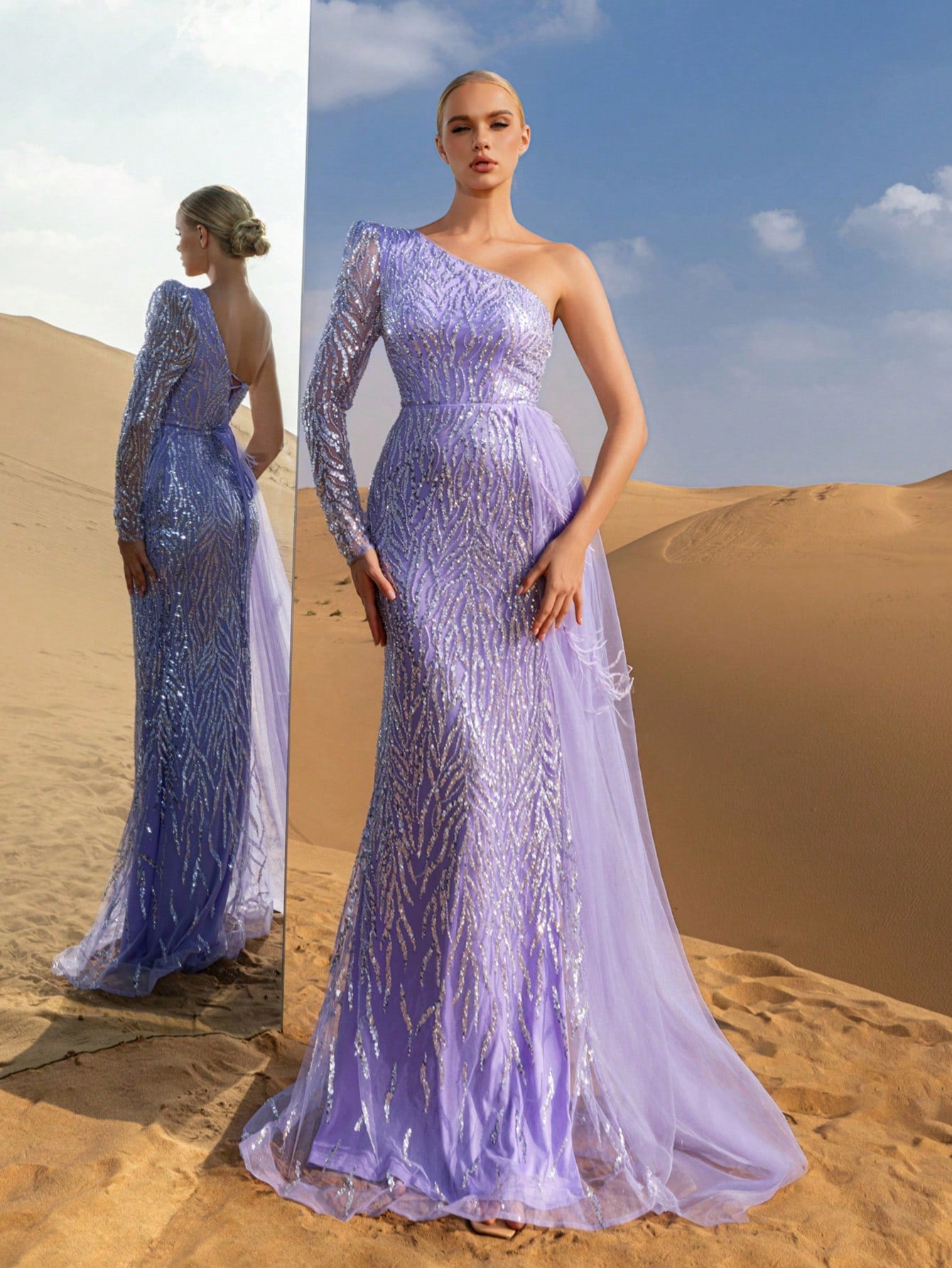 Luxury One Shoulder Draped Side Beaded Sequin Evening Dress