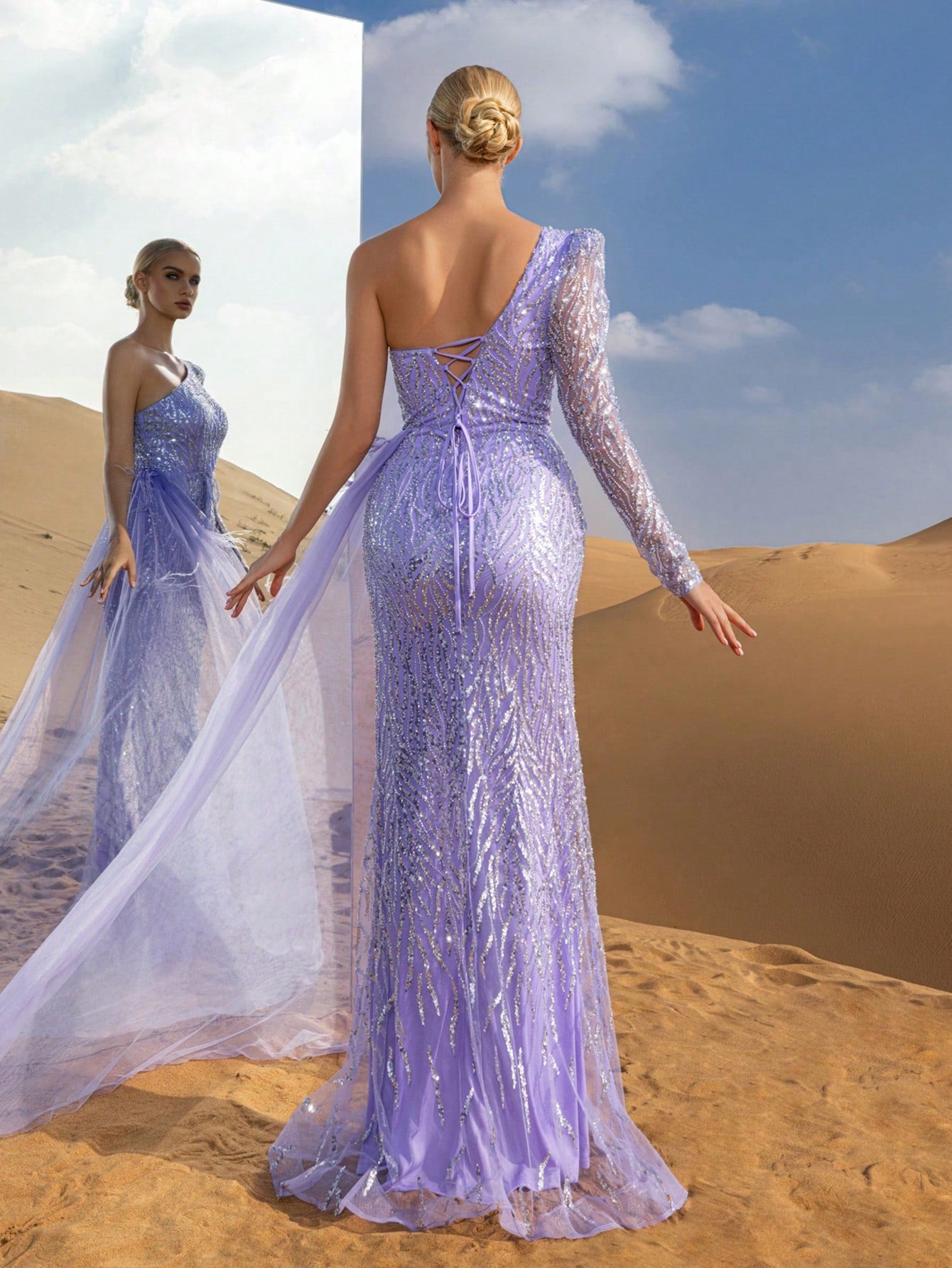 Luxury One Shoulder Draped Side Beaded Sequin Evening Dress