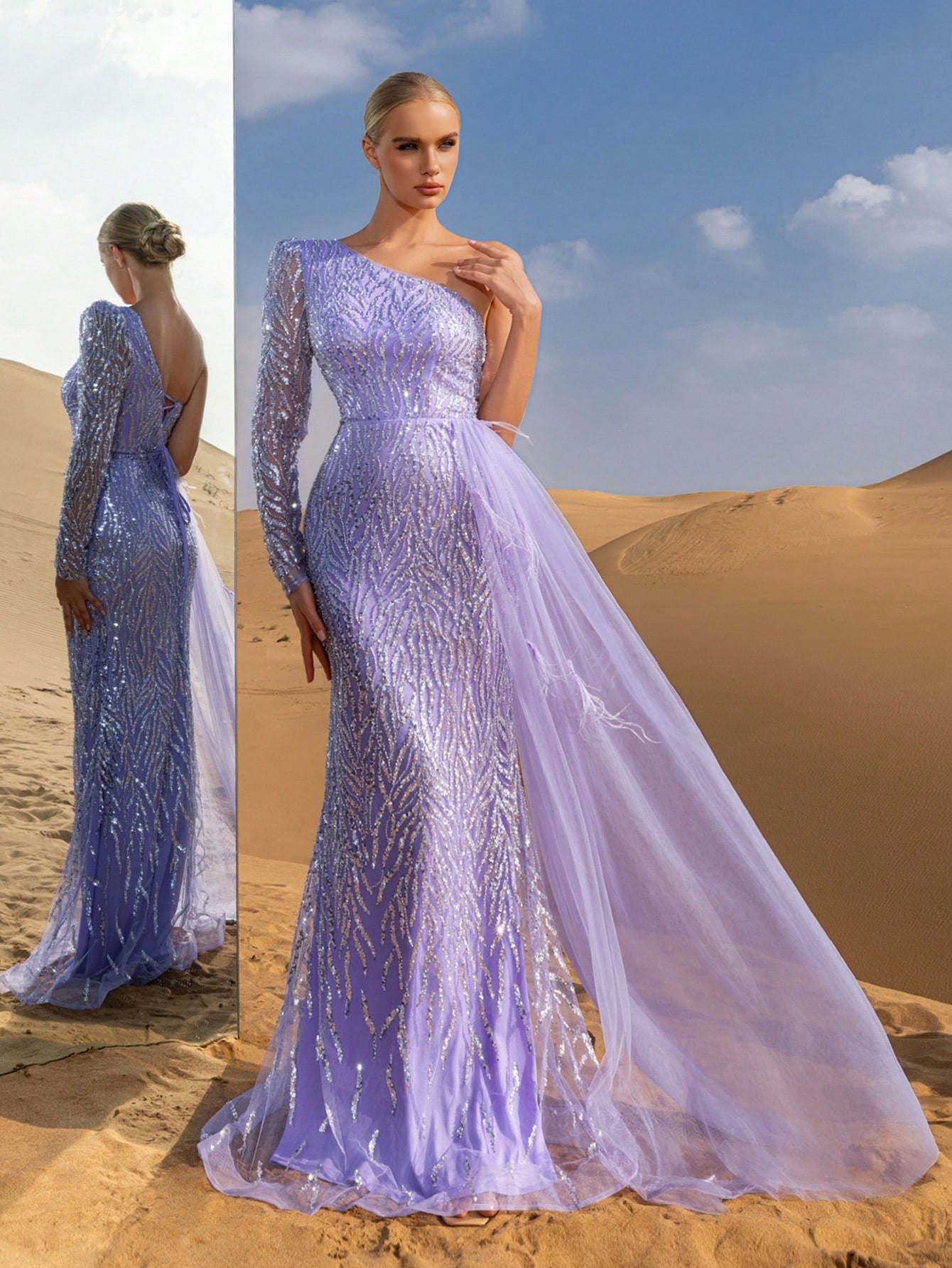 Luxury One Shoulder Draped Side Beaded Sequin Evening Dress