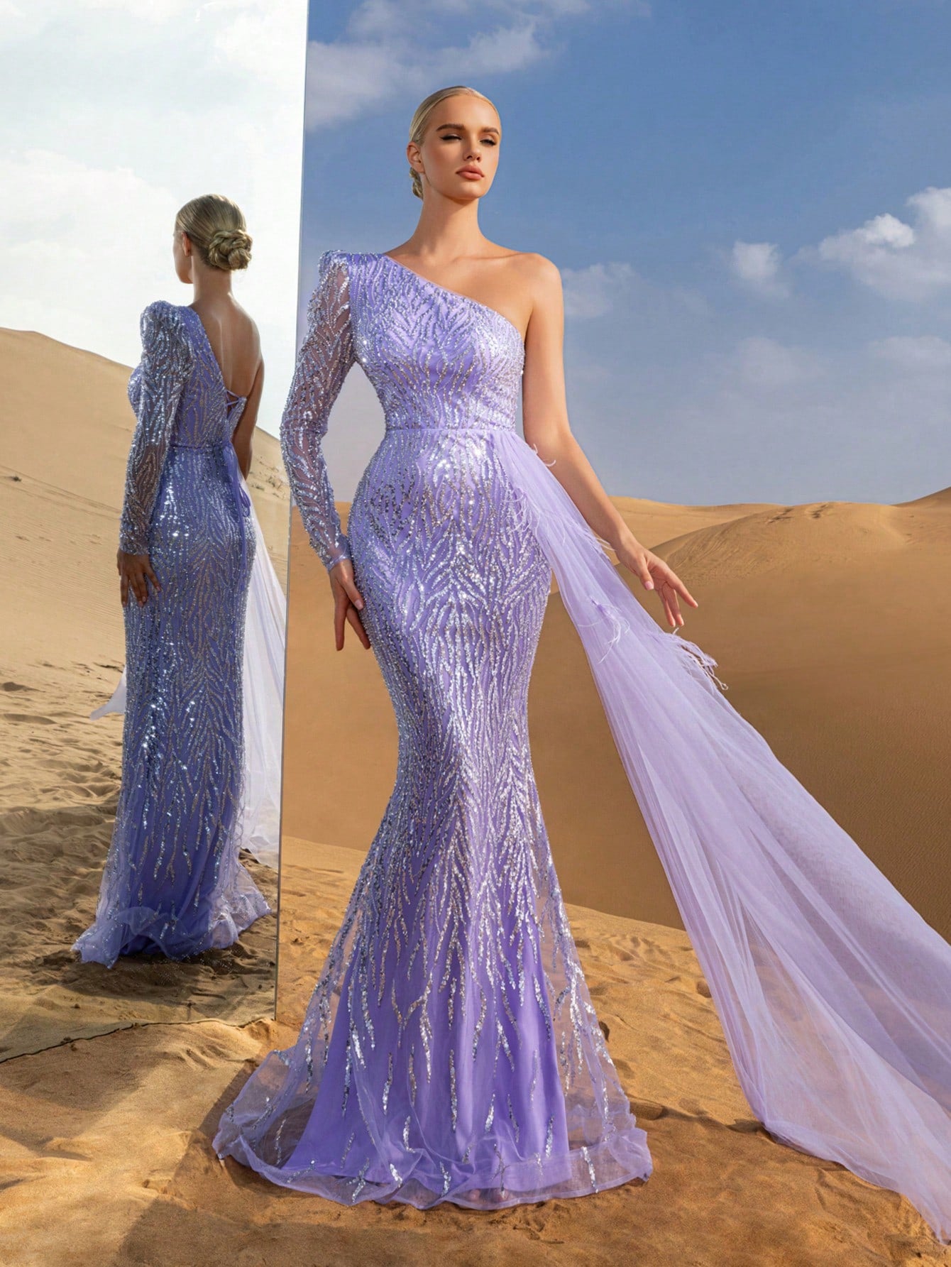 Luxury One Shoulder Draped Side Beaded Sequin Evening Dress