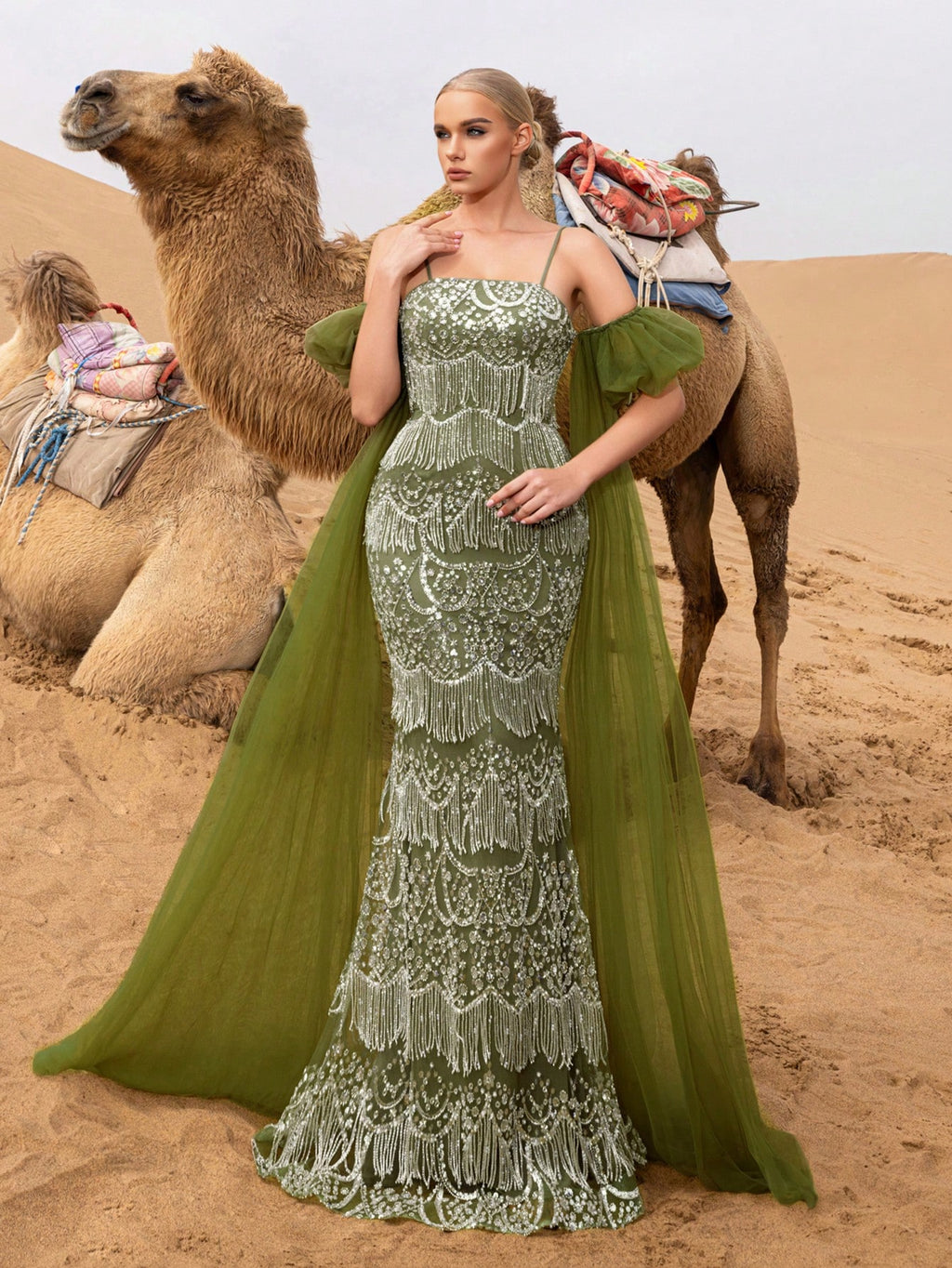 Gorgeous Puffy Sleeves Mermaid Hem Beaded Fringe Slip Prom Dress