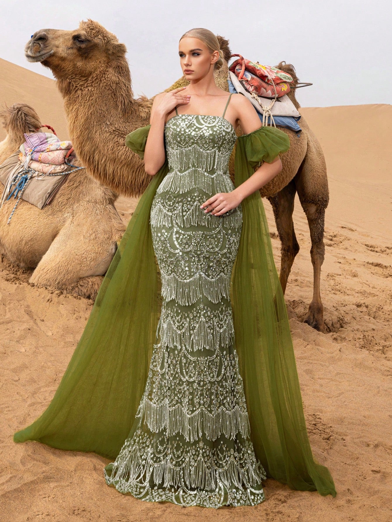 Gorgeous Puffy Sleeves Mermaid Hem Beaded Fringe Slip Prom Dress