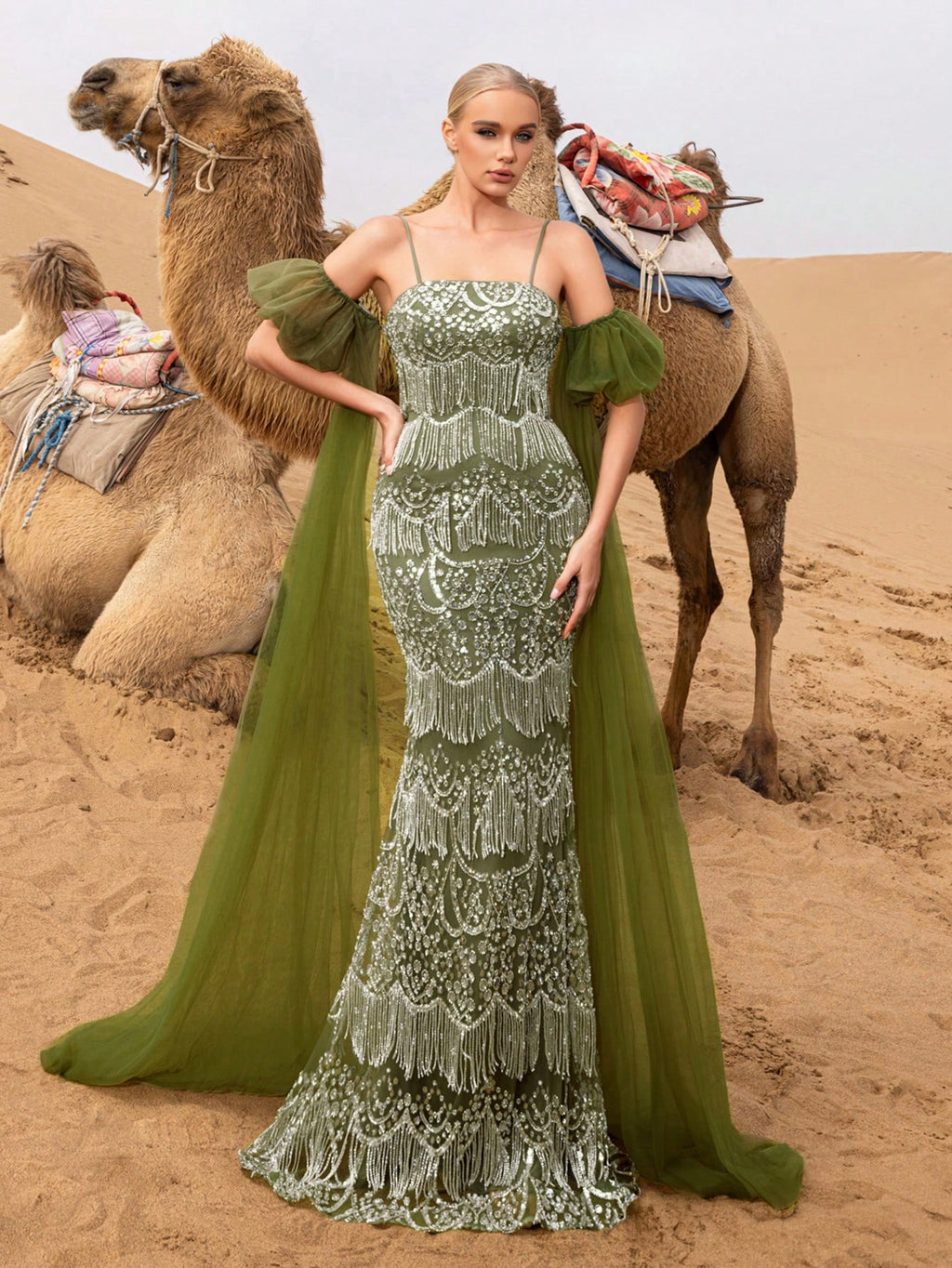 Gorgeous Puffy Sleeves Mermaid Hem Beaded Fringe Slip Prom Dress