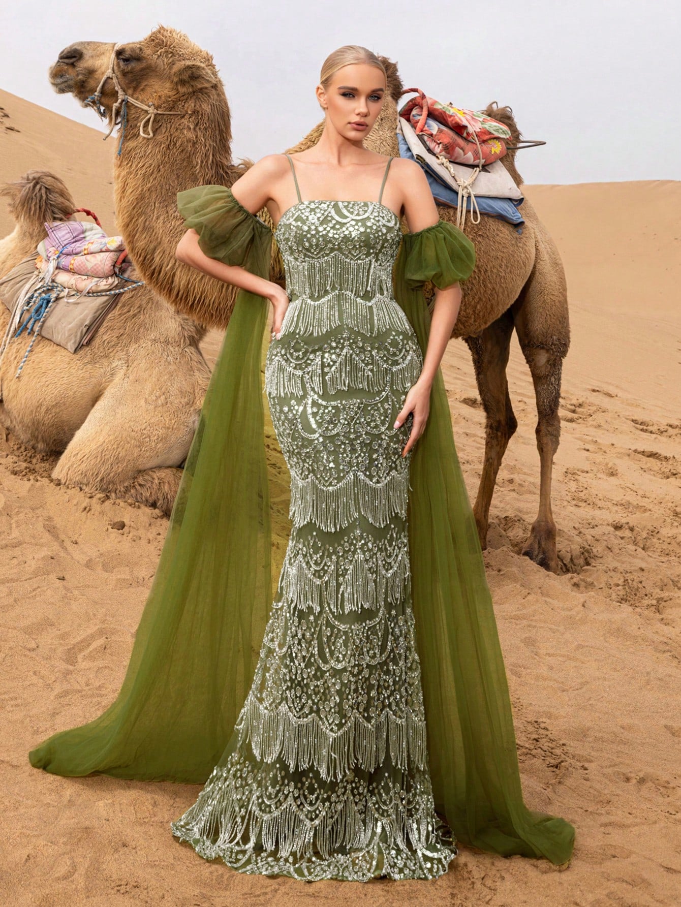 Gorgeous Puffy Sleeves Mermaid Hem Beaded Fringe Slip Prom Dress