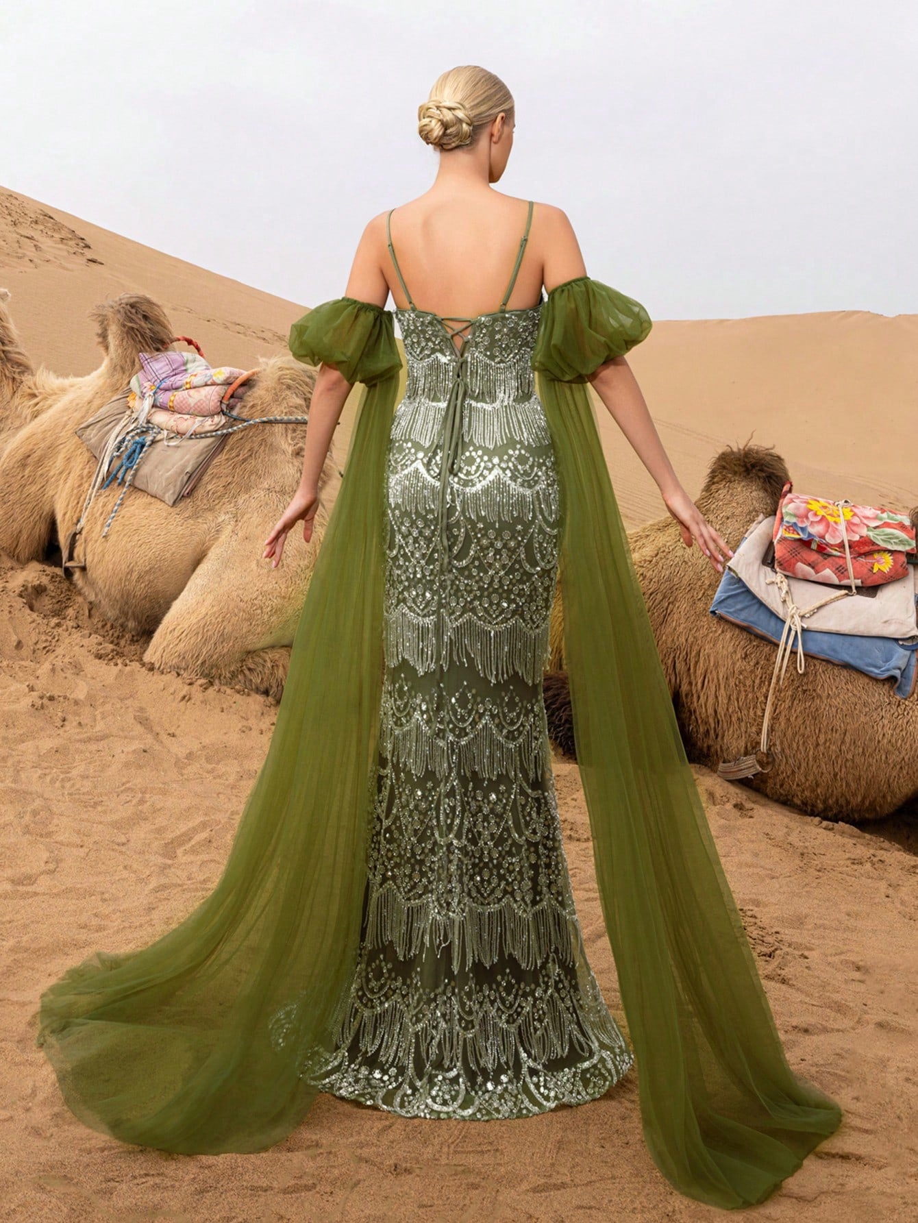Gorgeous Puffy Sleeves Mermaid Hem Beaded Fringe Slip Prom Dress