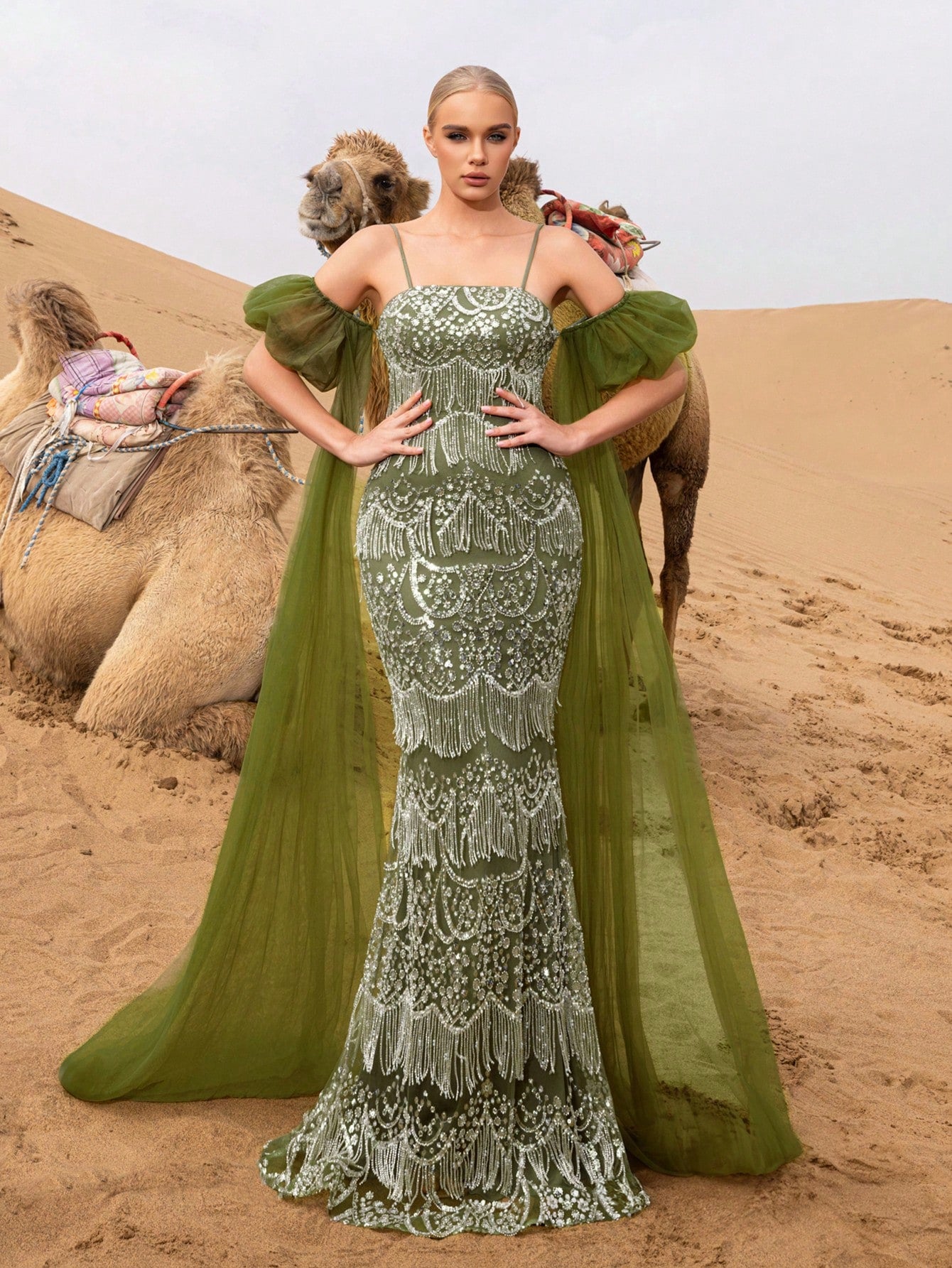 Gorgeous Puffy Sleeves Mermaid Hem Beaded Fringe Slip Prom Dress