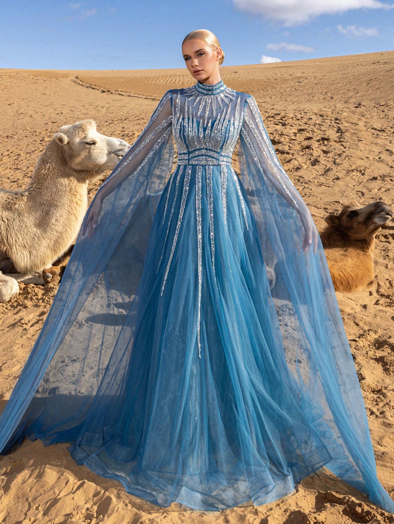 Gorgeous Beaded Detail Mock Neck Cloak Sleeves Tulle Formal Dresses & Evening Gowns