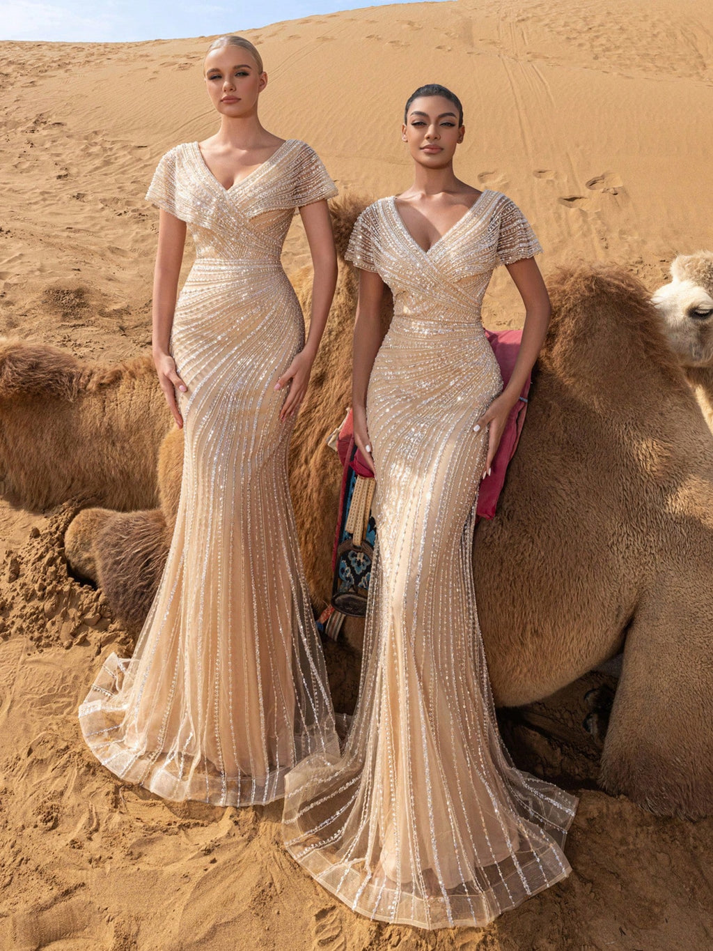 Luxury Beaded V-Nck Mermaid Evening Gown with Sculpted Silhouette & Dramatic Train