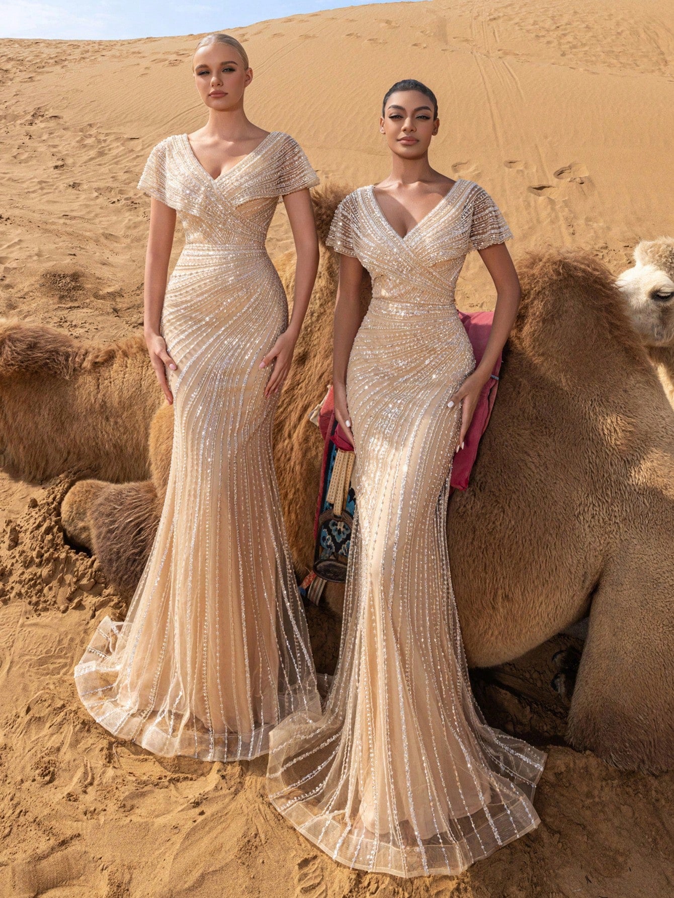Luxury Beaded V-Nck Mermaid Evening Gown with Sculpted Silhouette & Dramatic Train