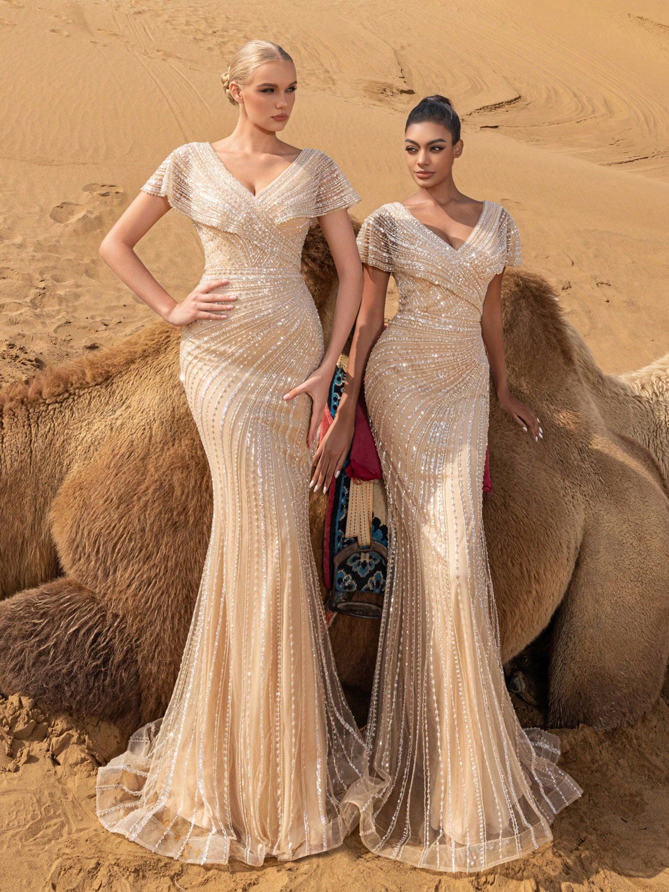 Luxury Beaded V-Nck Mermaid Evening Gown with Sculpted Silhouette & Dramatic Train
