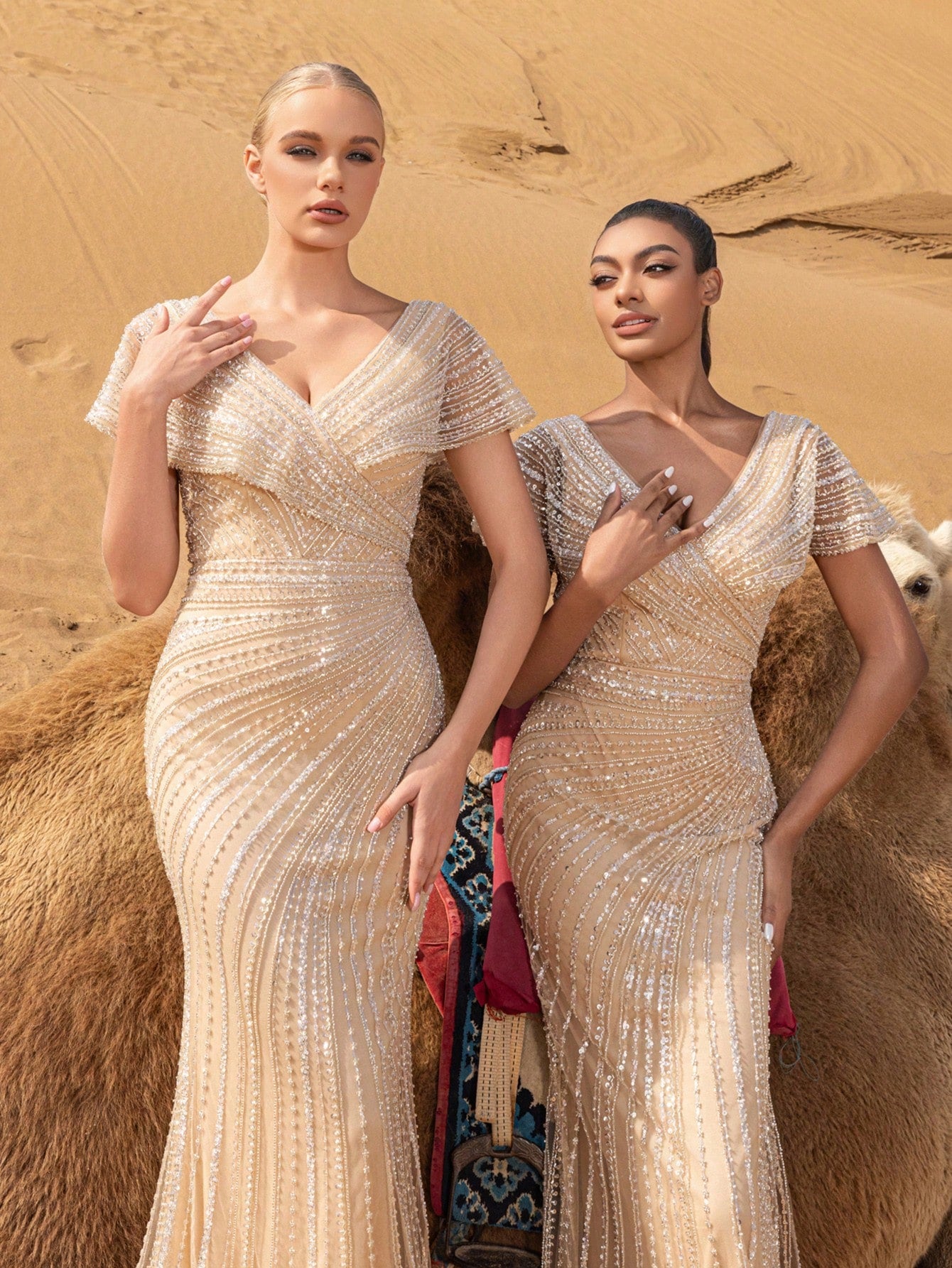 Luxury Beaded V-Nck Mermaid Evening Gown with Sculpted Silhouette & Dramatic Train