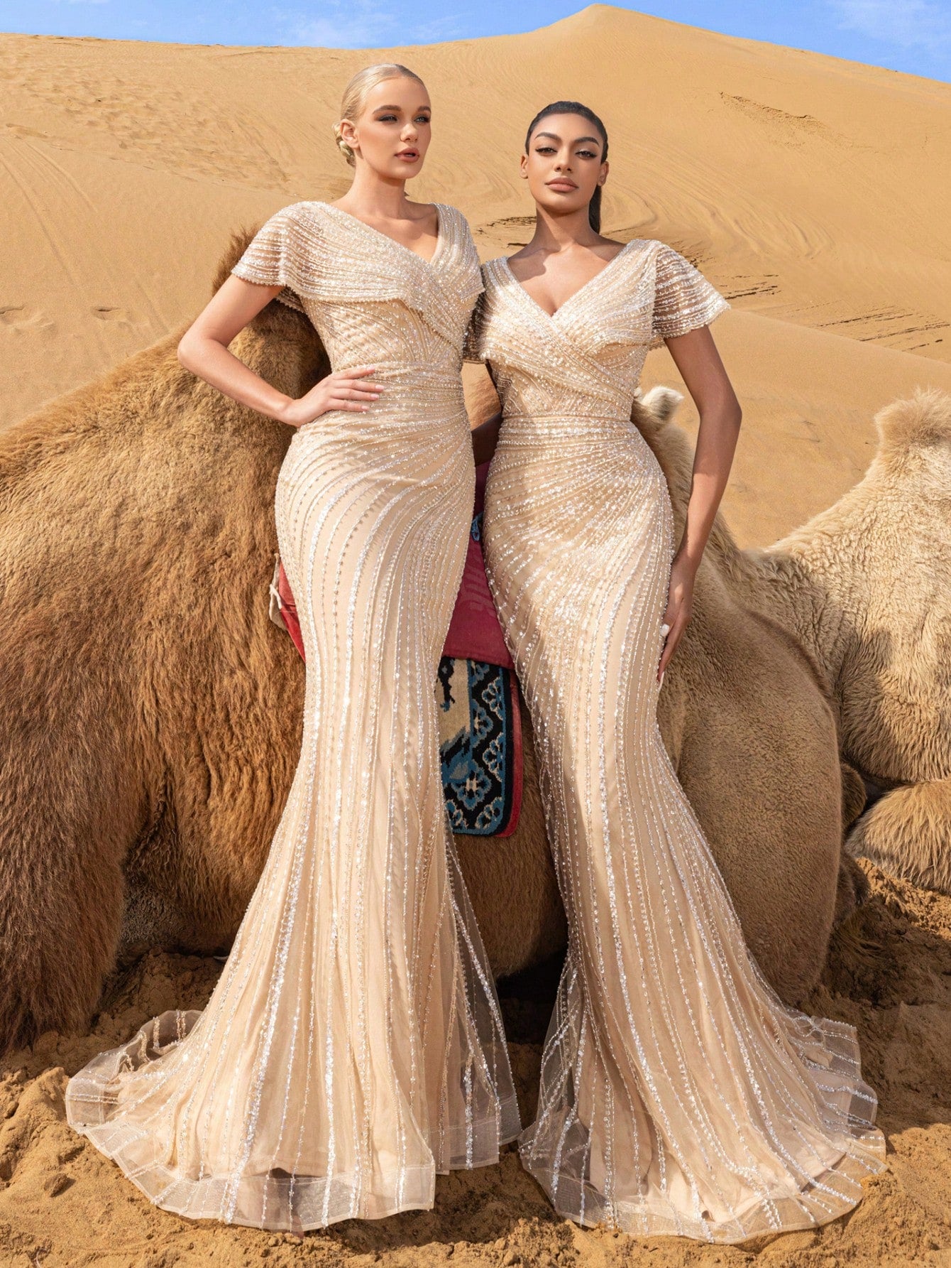 Luxury Beaded V-Nck Mermaid Evening Gown with Sculpted Silhouette & Dramatic Train