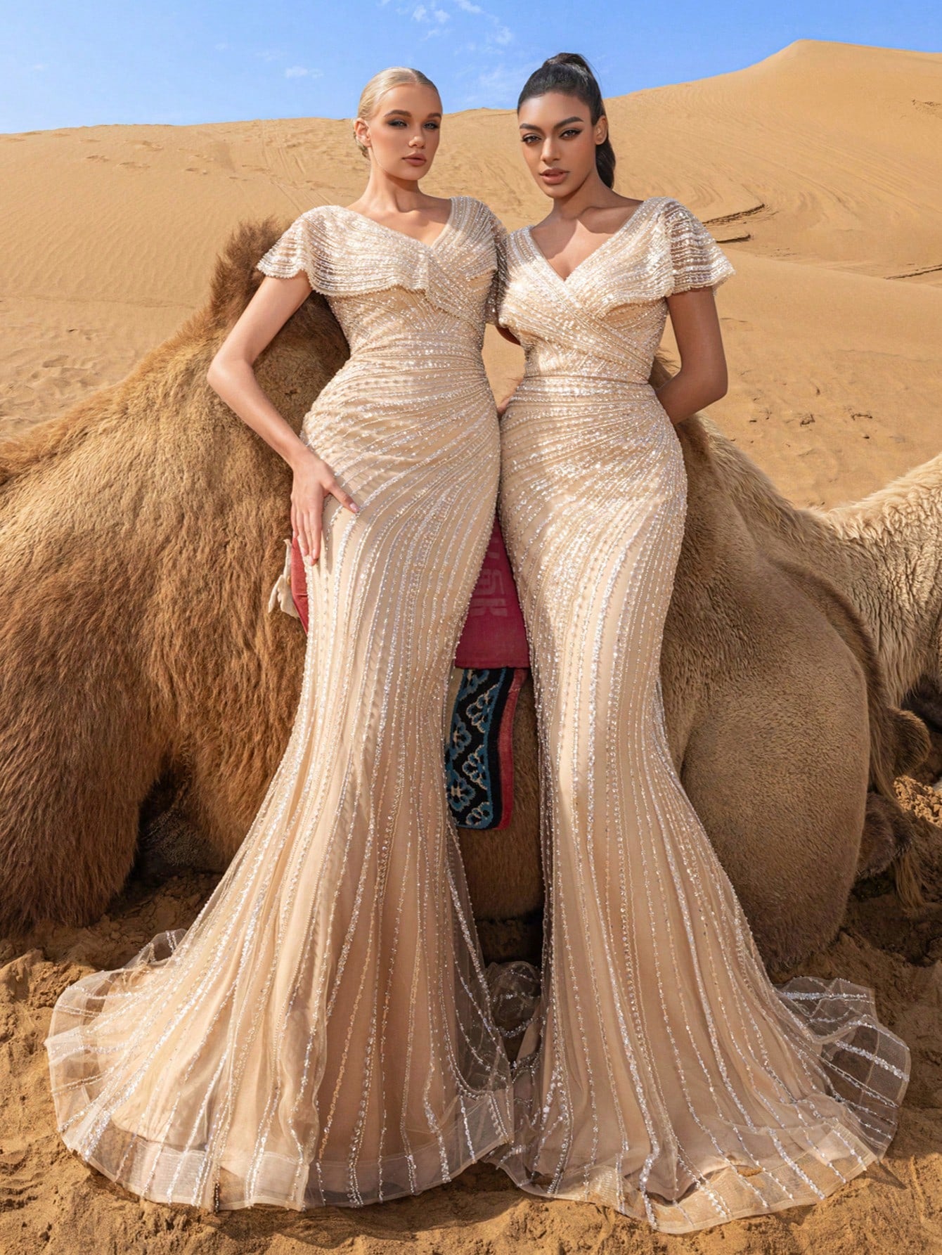 Luxury Beaded V-Nck Mermaid Evening Gown with Sculpted Silhouette & Dramatic Train