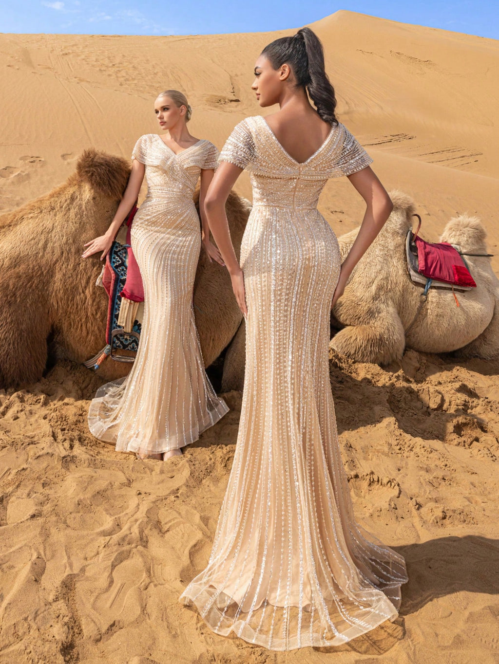 Luxury Beaded V-Nck Mermaid Evening Gown with Sculpted Silhouette & Dramatic Train