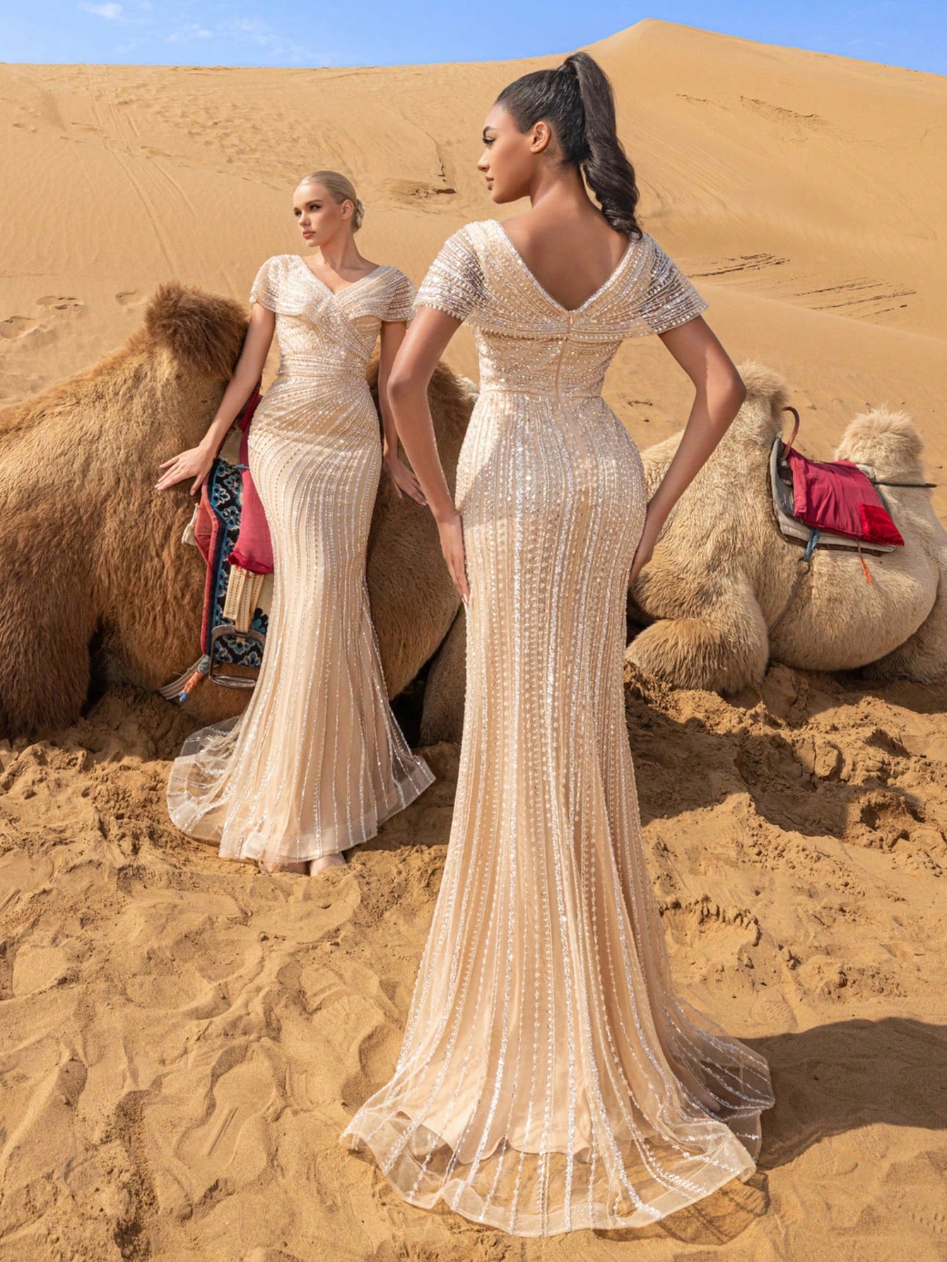 Luxury Beaded V-Nck Mermaid Evening Gown with Sculpted Silhouette & Dramatic Train