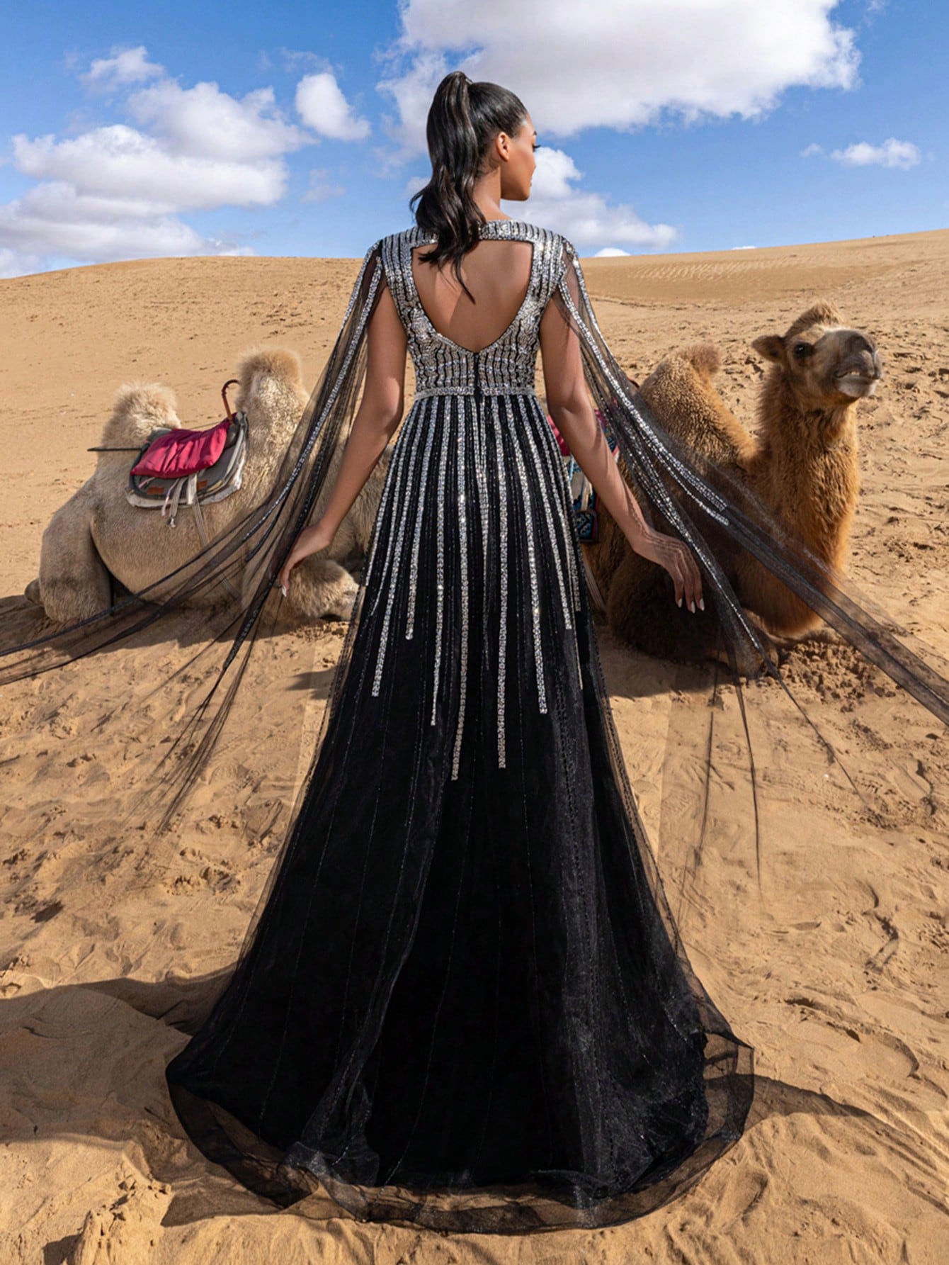 Gorgeous Backless Cloak Sleeves Beaded Tulle Formal Dresses & Evening Gowns