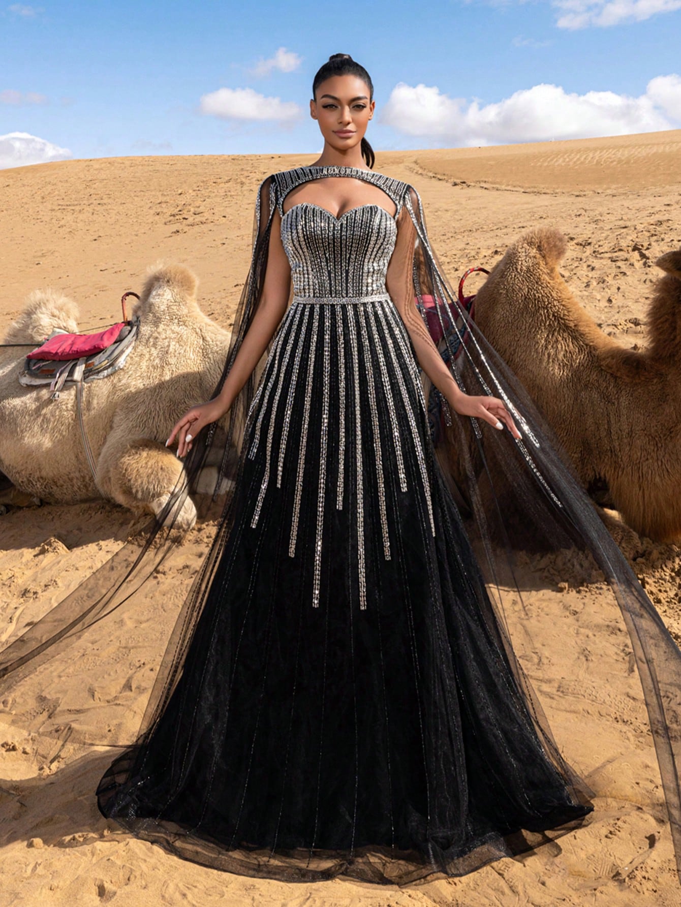Gorgeous Backless Cloak Sleeves Beaded Tulle Formal Dresses & Evening Gowns