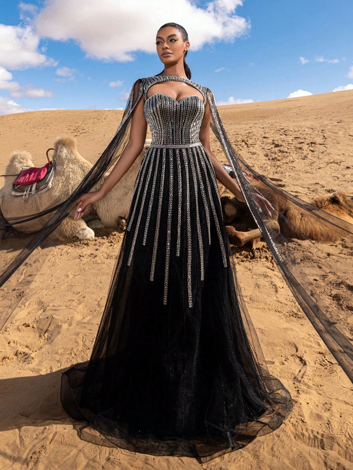 Gorgeous Backless Cloak Sleeves Beaded Tulle Formal Dresses & Evening Gowns