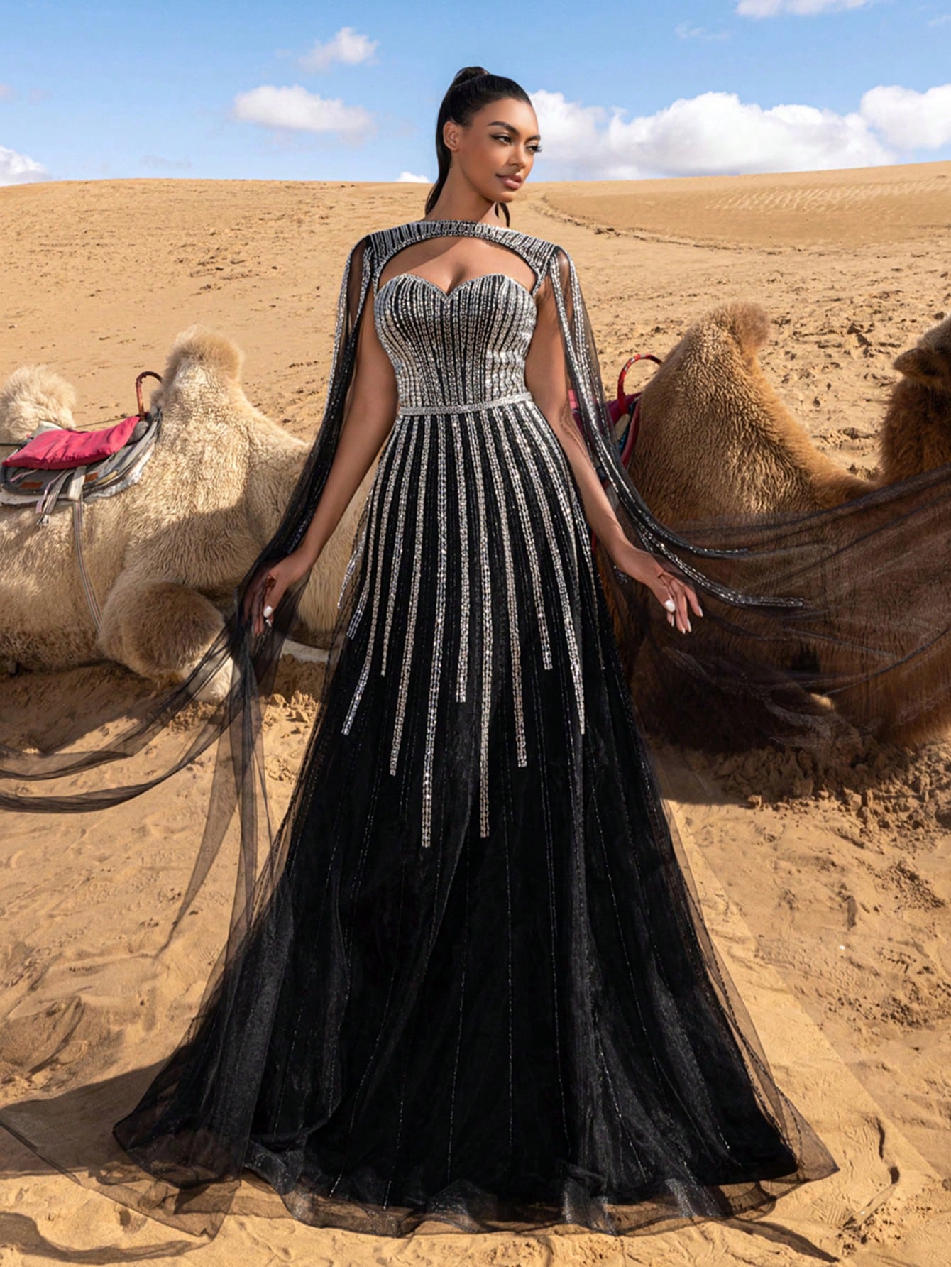 Gorgeous Backless Cloak Sleeves Beaded Tulle Formal Dresses & Evening Gowns