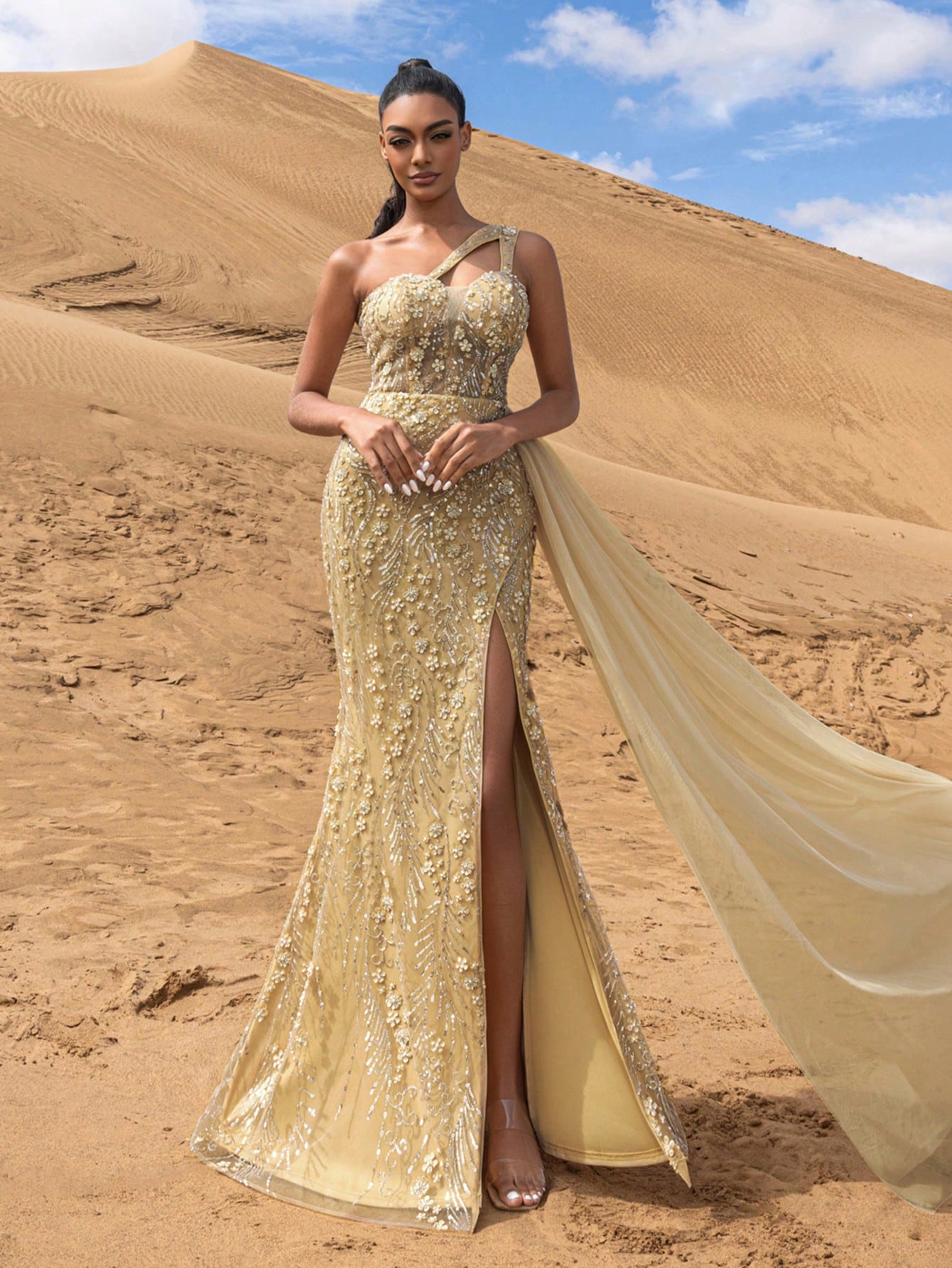 Gorgeous Asymmetric Neckline Floral Sequins Beaded Formal Dresses & Evening Gowns