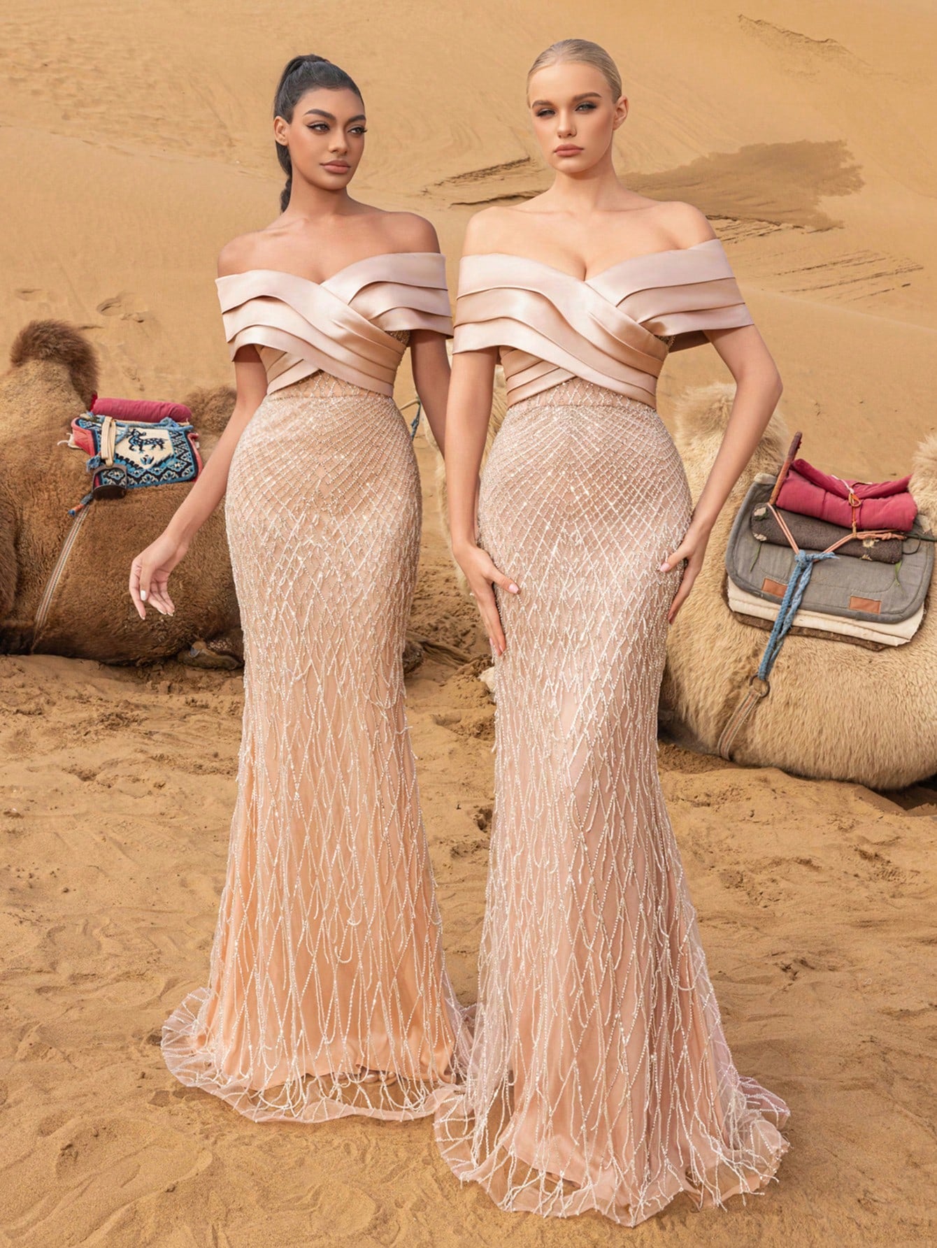 Elegant Off Shoulder Mermaid Hem Beaded Evening Dress