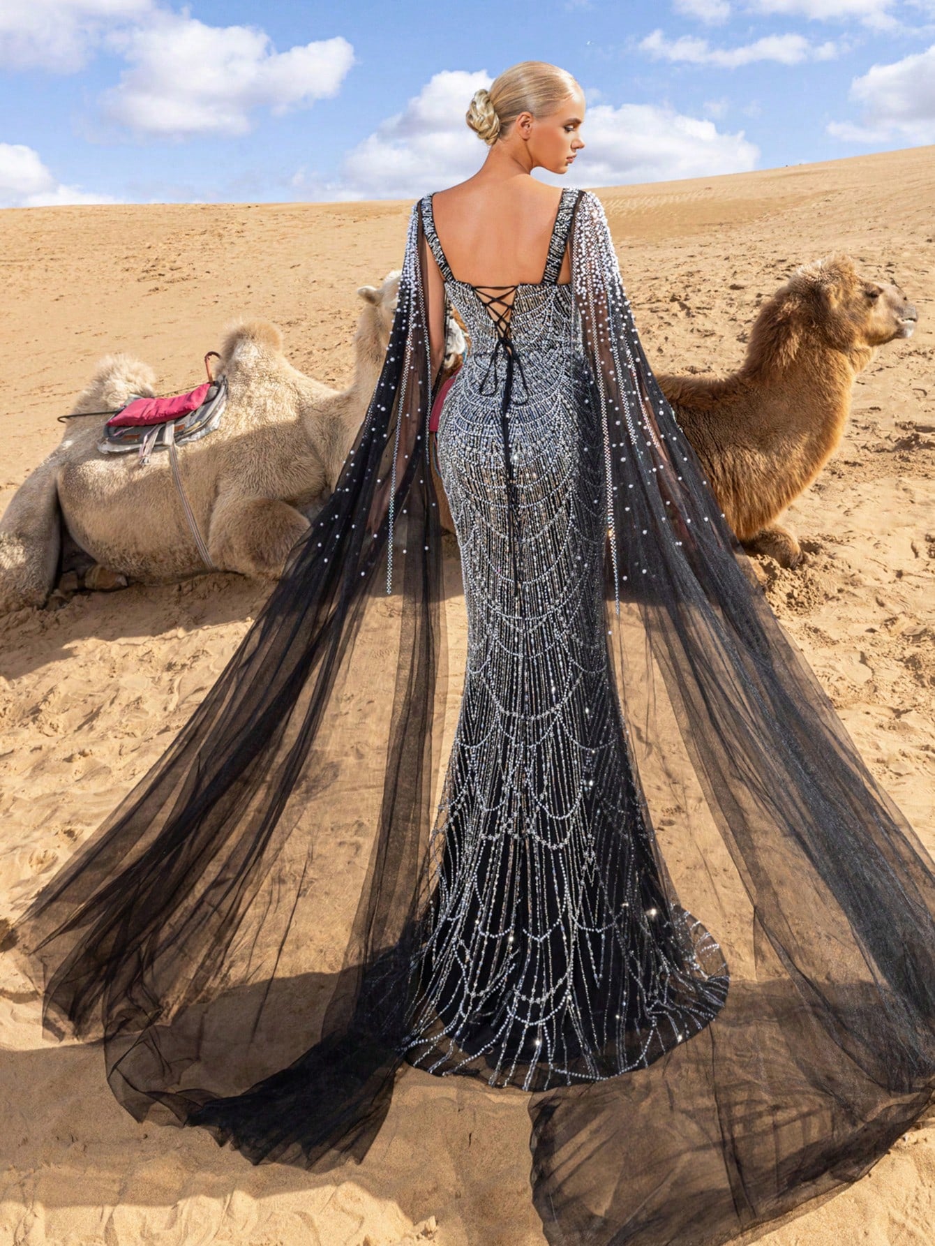 Elegant Gorgeous Beaded Sequin Evening Gown with Pearl Accent Cape Sleeves